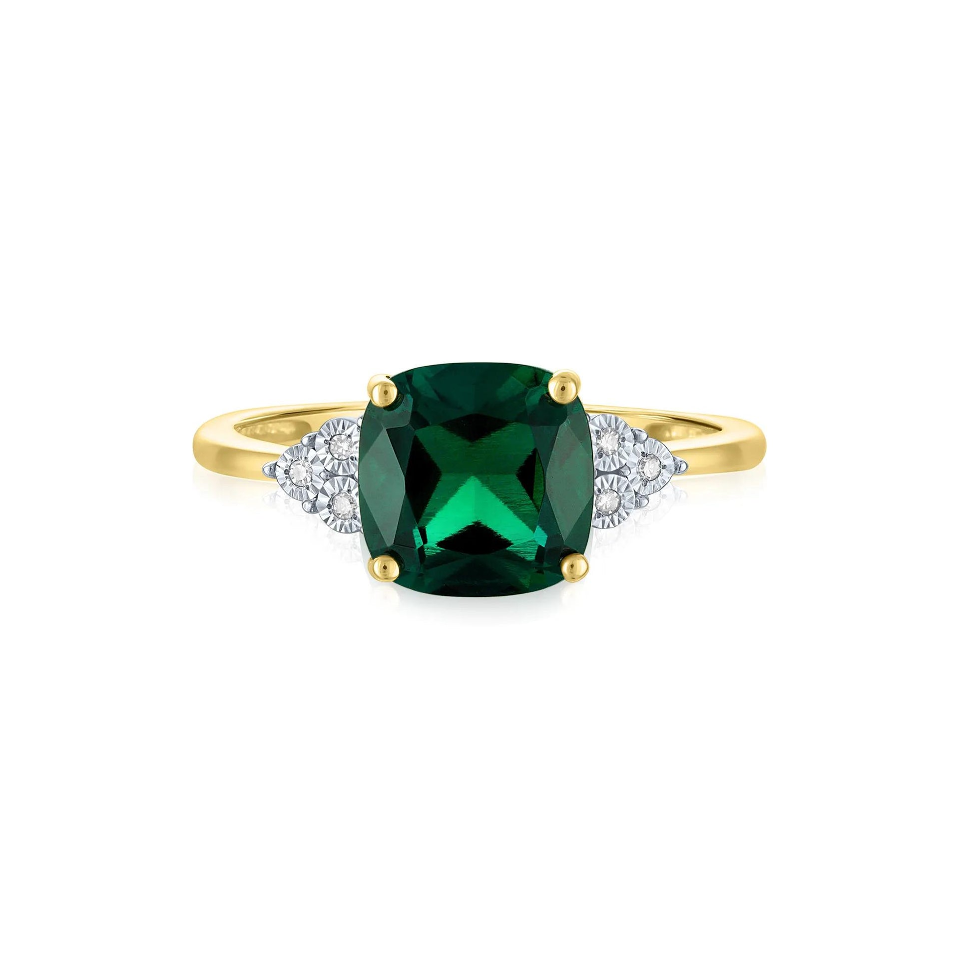 Lab-Created Emerald and Diamond Accent Ring 10K Yellow Gold Round Brilliant Cut Size 8.5 1mm