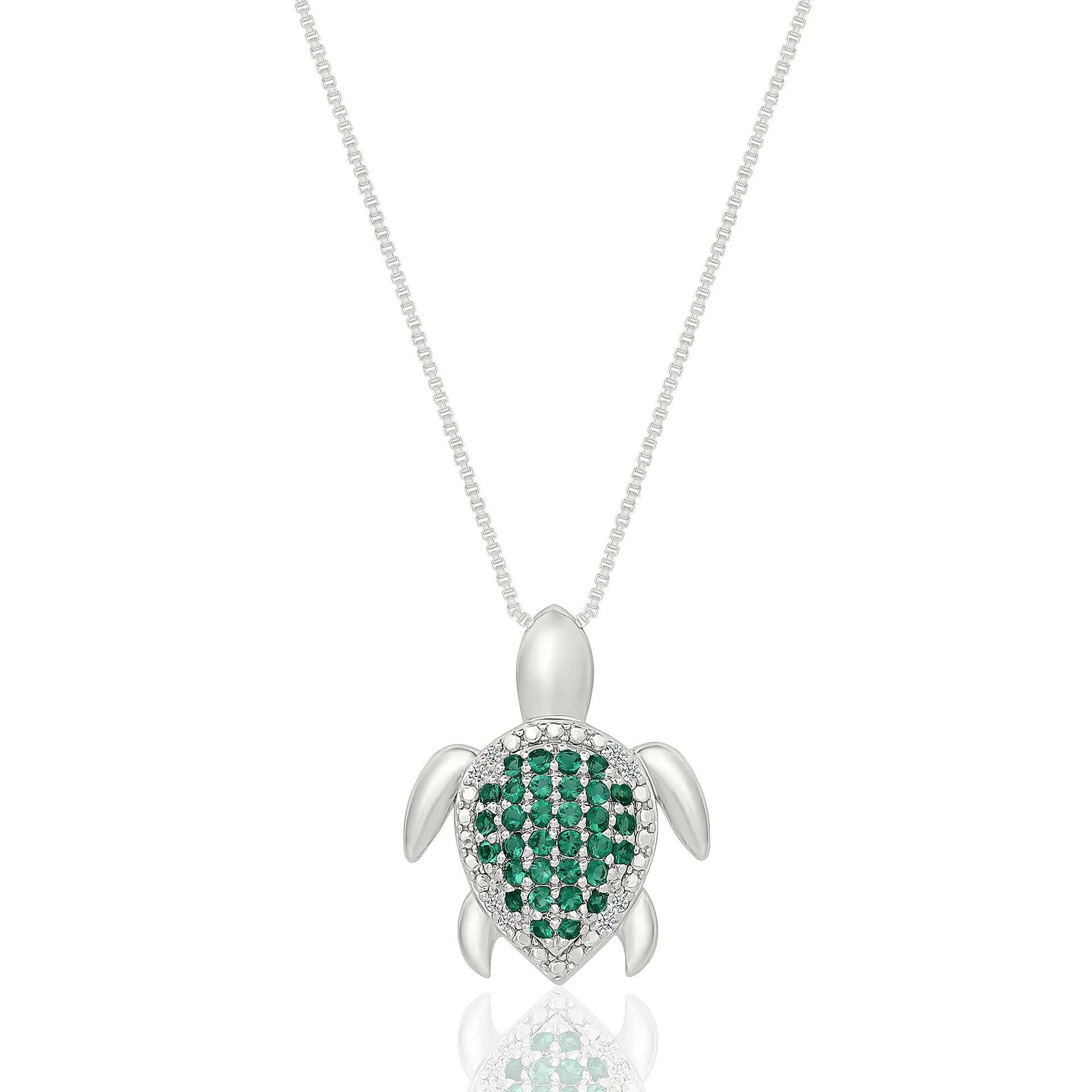 Lab-Created Emerald and Diamond Accent Turtle Pendant Necklace .925 Sterling Silver White Size 18"