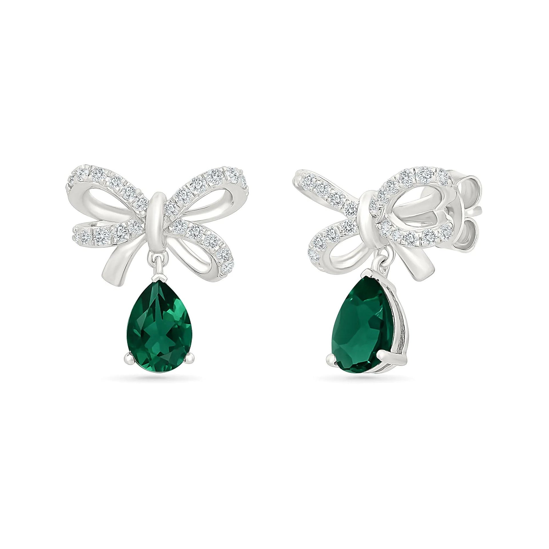 Lab-Created Emerald & Lab-Created White Sapphire Bow Drop Earrings .925 Sterling Silver Size 13.00mm
