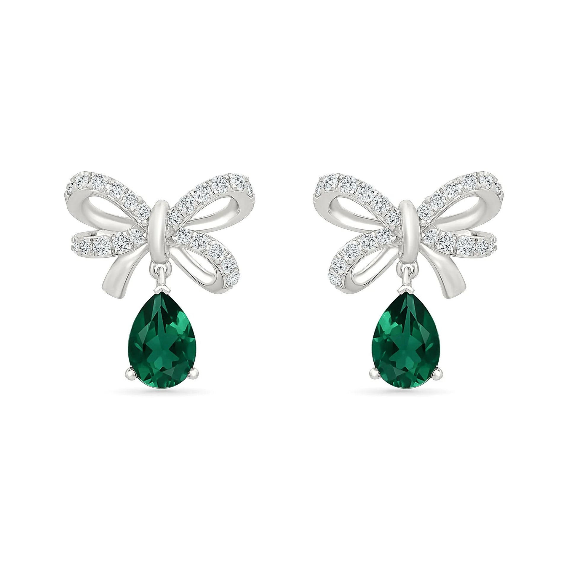 Lab-Created Emerald & Lab-Created White Sapphire Bow Drop Earrings .925 Sterling Silver Size 13.00mm