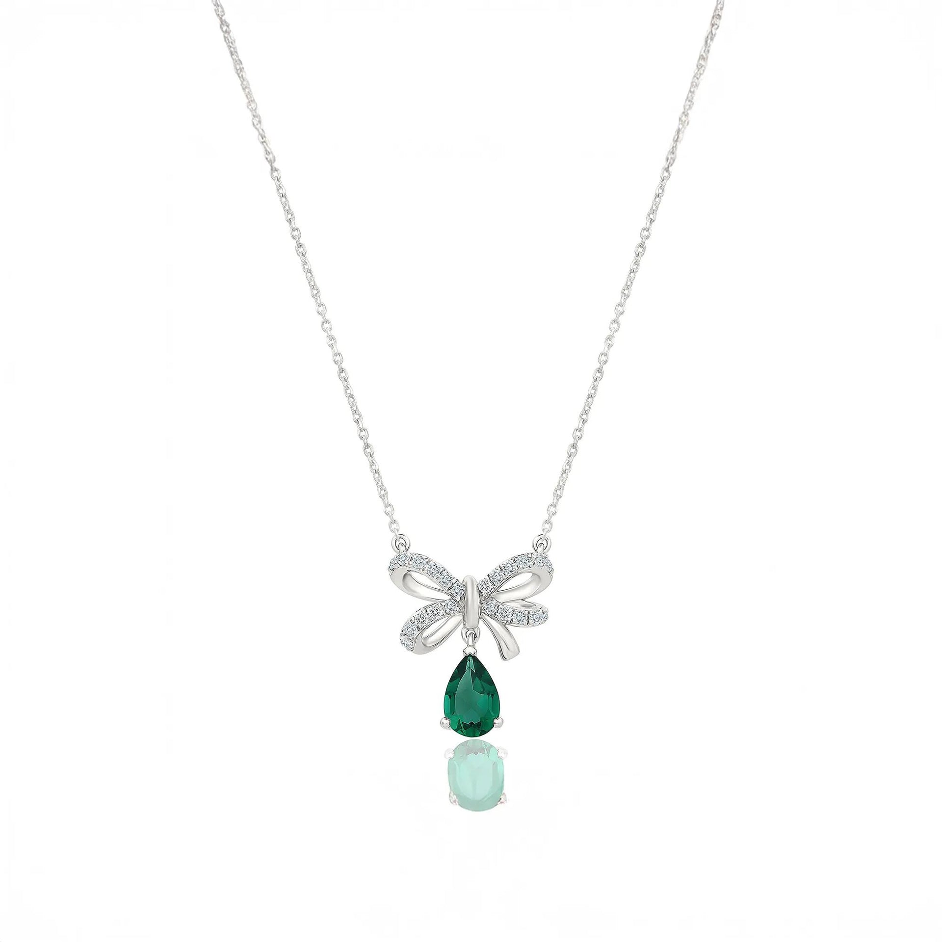 Lab-Created Emerald & Lab-Created White Sapphire Bow Pendant Necklace .925 Sterling Silver Size 18"
