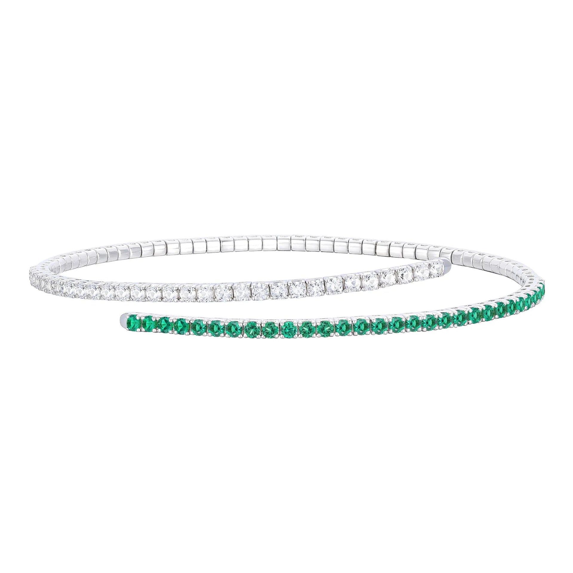 Lab-Created Emerald and Lab-Created White Sapphire Flexible Bangle .925 Sterling .925 Sterling Silver Bracelet Size 15.50mm