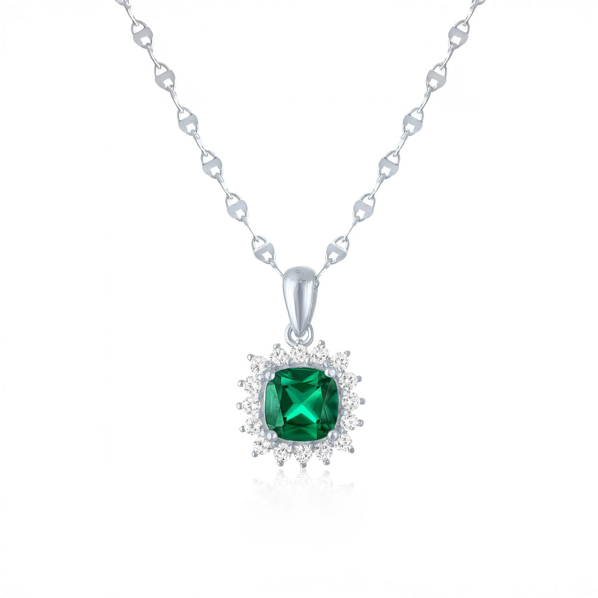 Lab-Created Emerald & Lab-Created White Sapphire Starburst Halo Pendant Necklace .925 Sterling Silver Size 18"