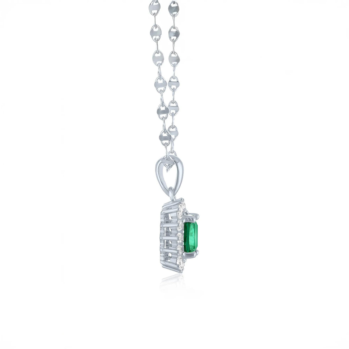 Lab-Created Emerald & Lab-Created White Sapphire Starburst Halo Pendant Necklace .925 Sterling Silver Size 18"