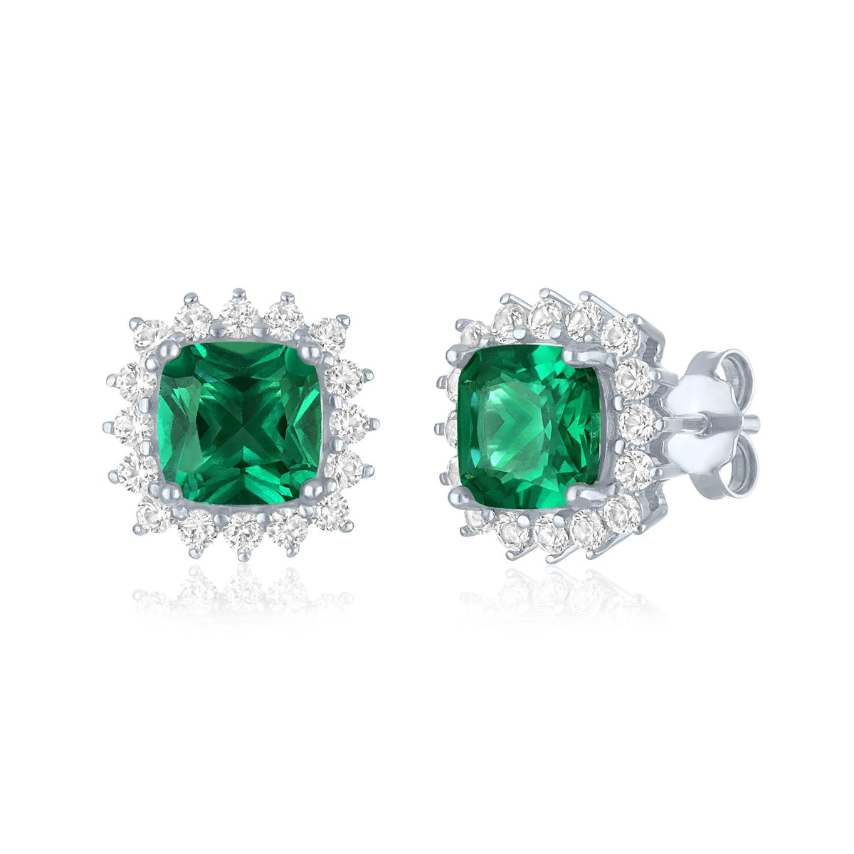Lab-Created Emerald & Lab-Created White Sapphire Starburst Halo Stud Earrings .925 Sterling Silver Size 7.50mm