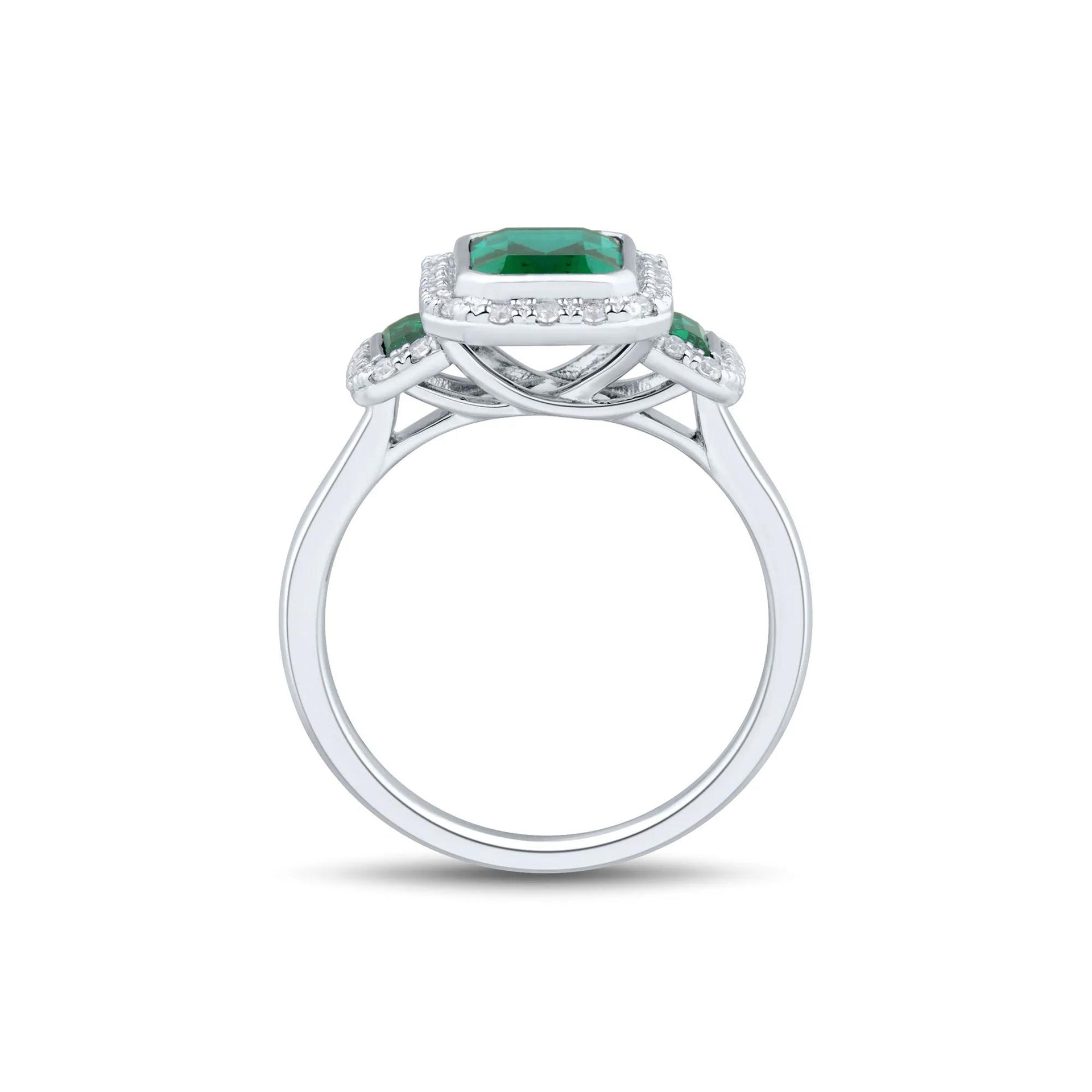 Lab-Created Emerald & Lab-Created White Sapphire Three-Stone Halo Ring .925 Sterling Silver Size 9.5 1mm