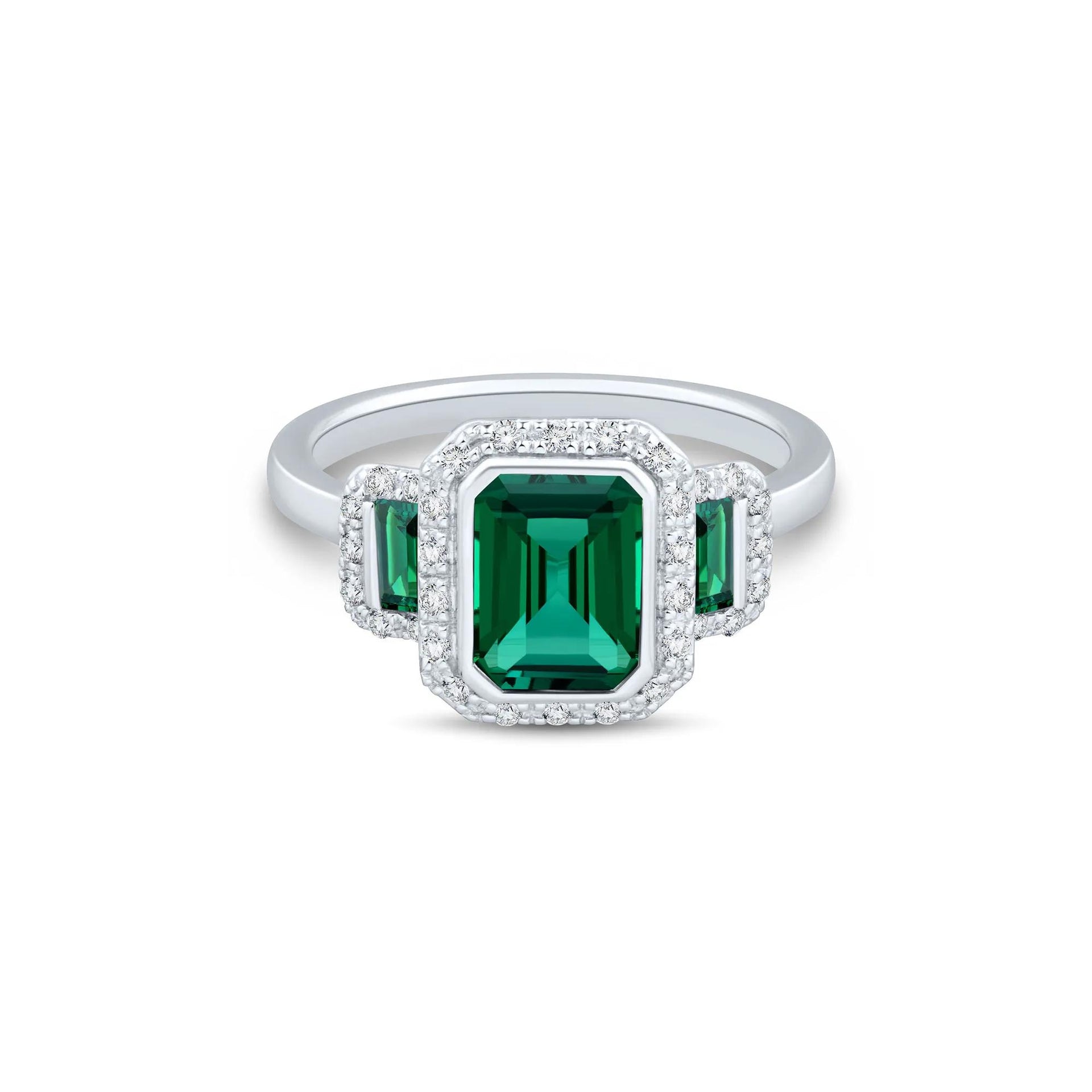 Lab-Created Emerald & Lab-Created White Sapphire Three-Stone Halo Ring .925 Sterling Silver Size 9.5 1mm