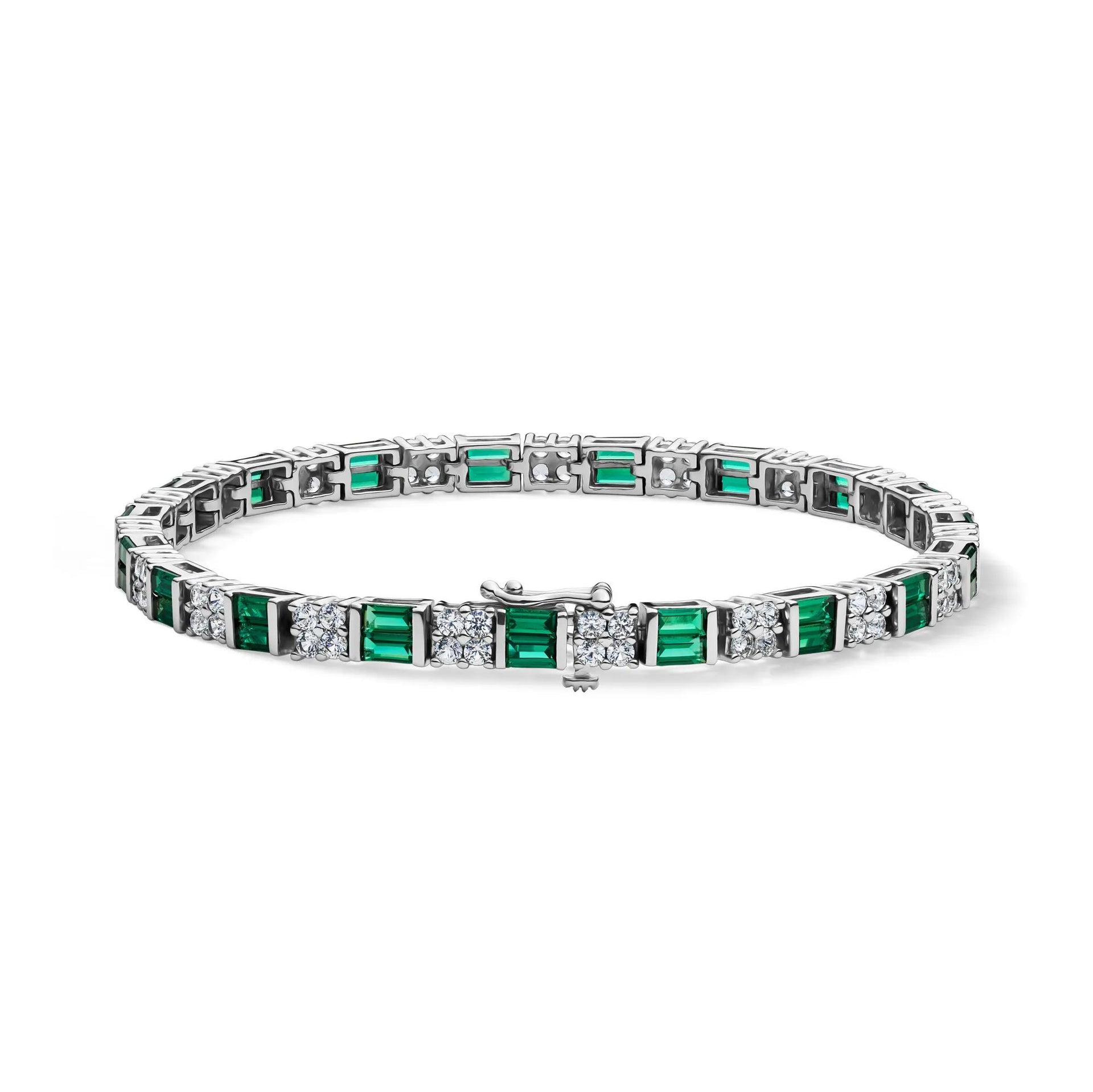 Lab Created Emerald & White Sapphire Bracelet .925 Sterling Silver Size 1.50mm