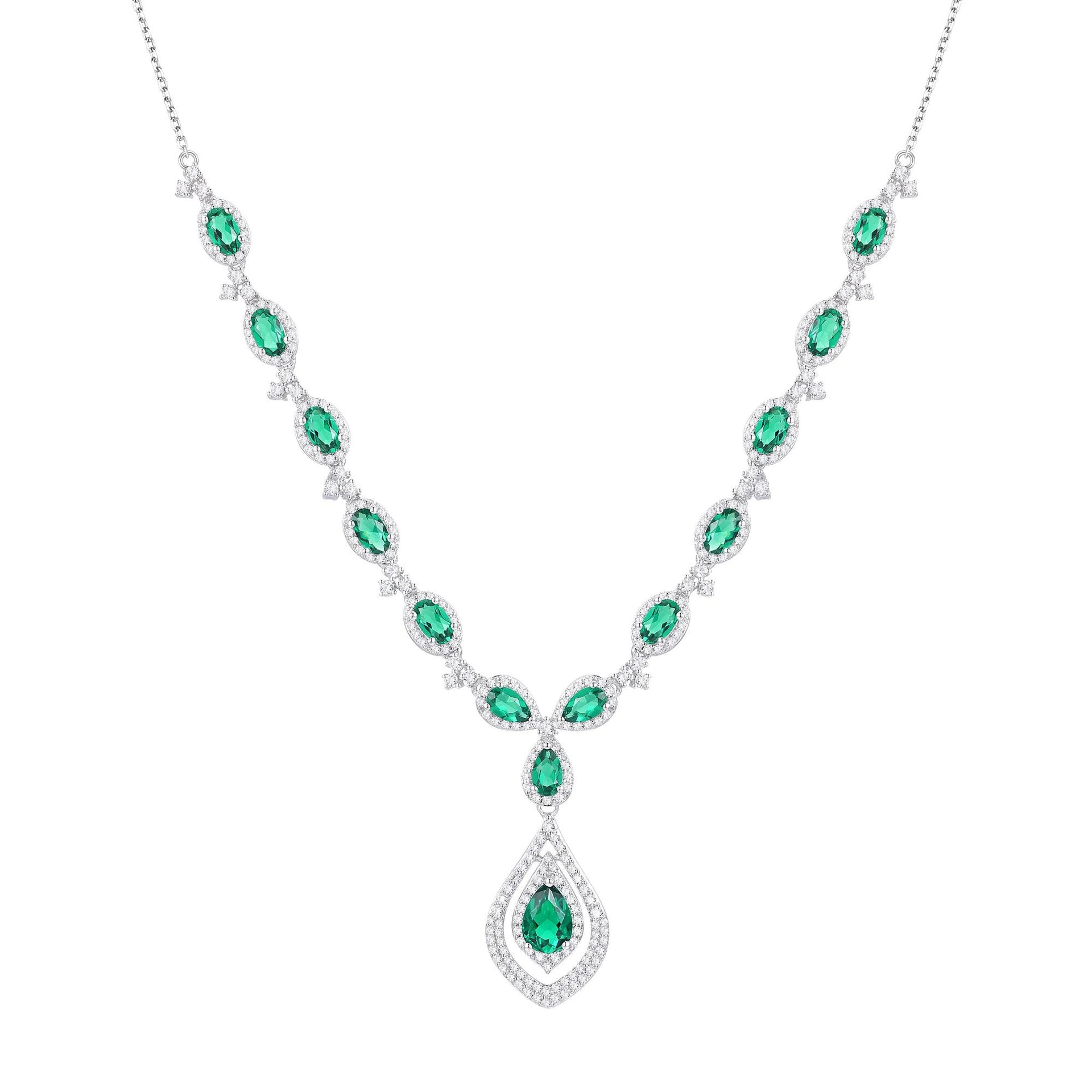 Lab Created Emerald & White Sapphire Necklace .925 Sterling Silver Size 17"