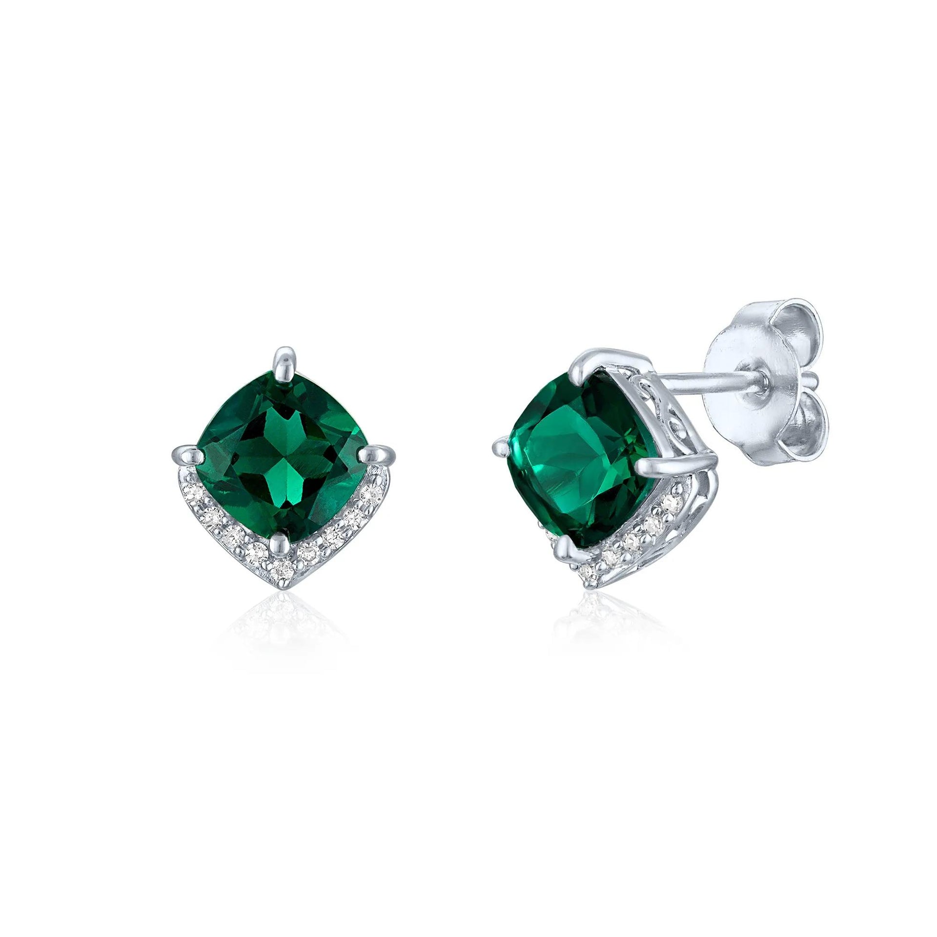 Lab-Created Emerald and Diamond Accent Half Halo Earrings .925 Sterling Silver White Size 9.00mm