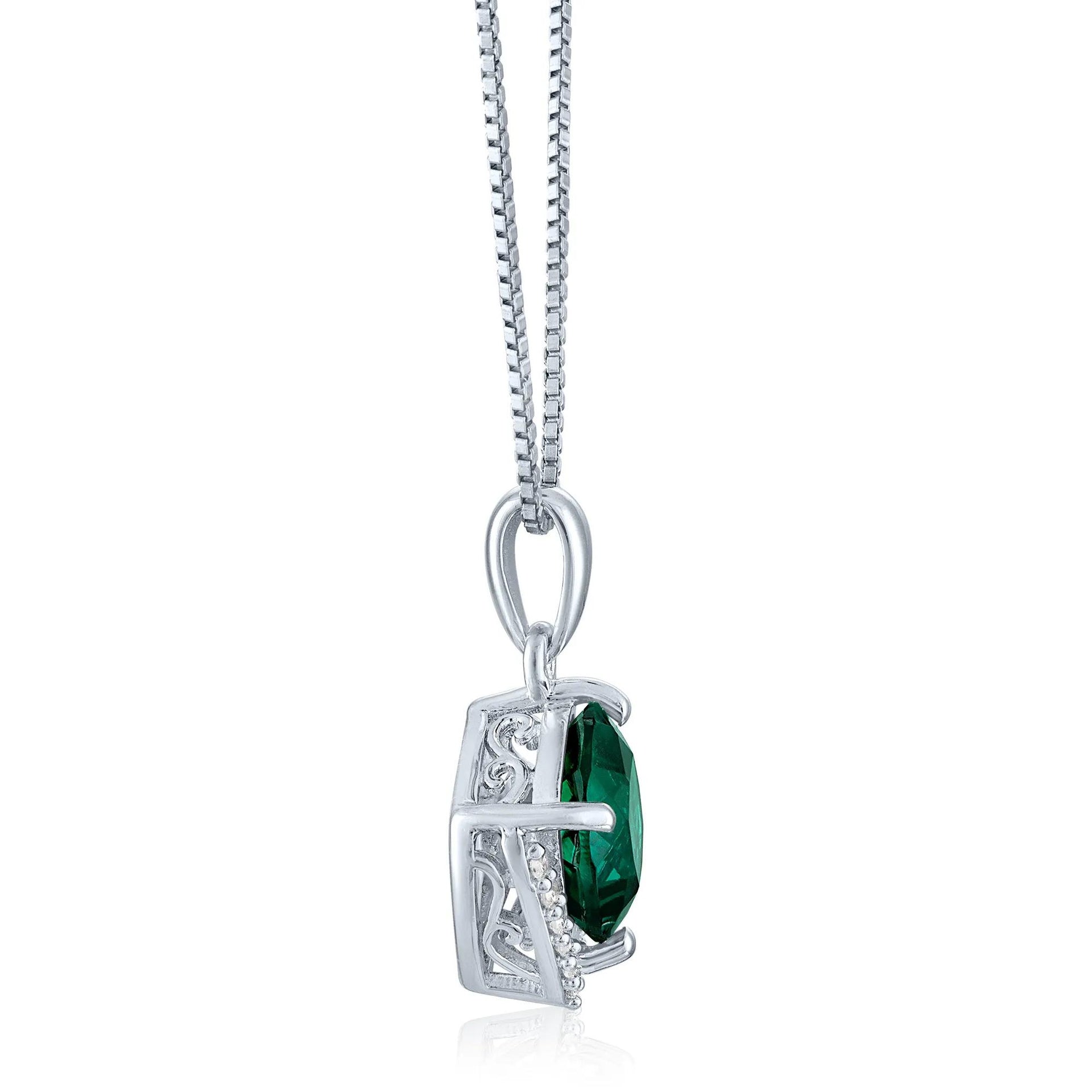 Lab-Created Emerald and Diamond Accent Pendant Necklace .925 Sterling Silver White Size 18"