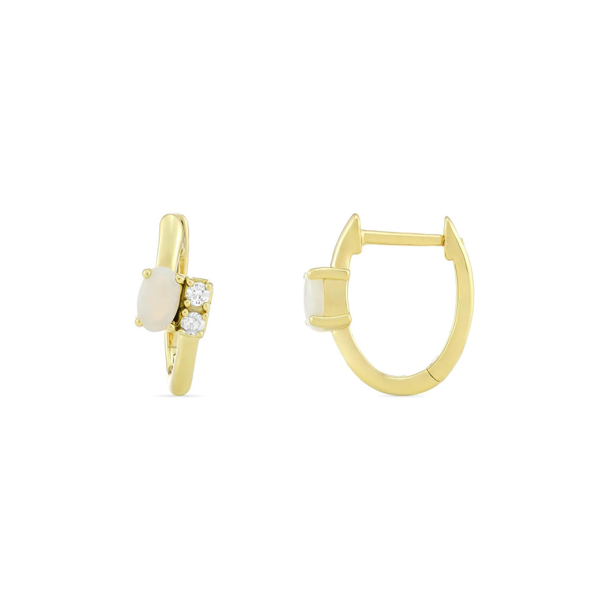 Opal and Diamond Accent Huggie Hoop Earrings 10K Yellow Gold Size 14.00mm