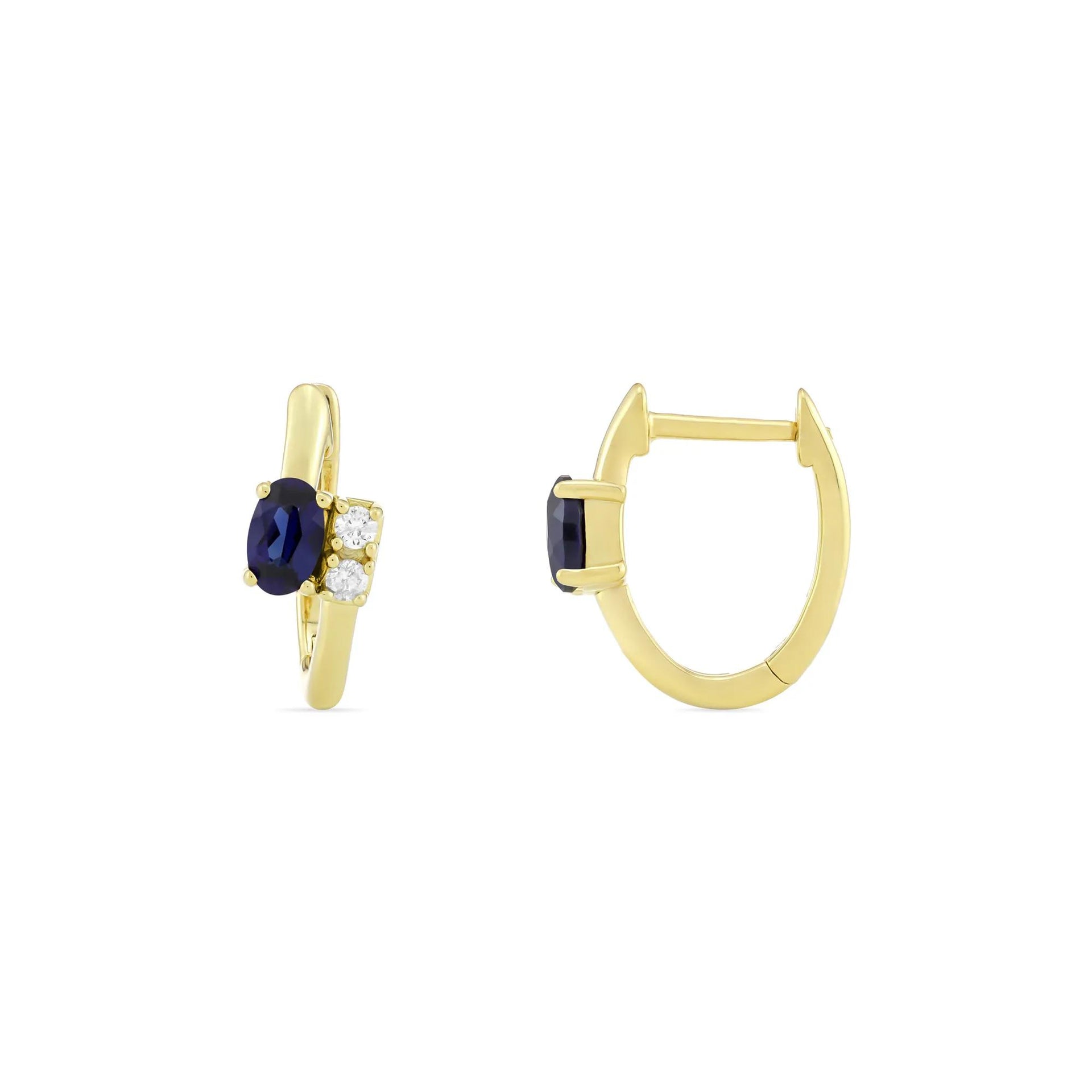 Lab-Created Blue Sapphire and Diamond Accent Huggie Hoop Earrings 10K Yellow Gold Size 14.00mm
