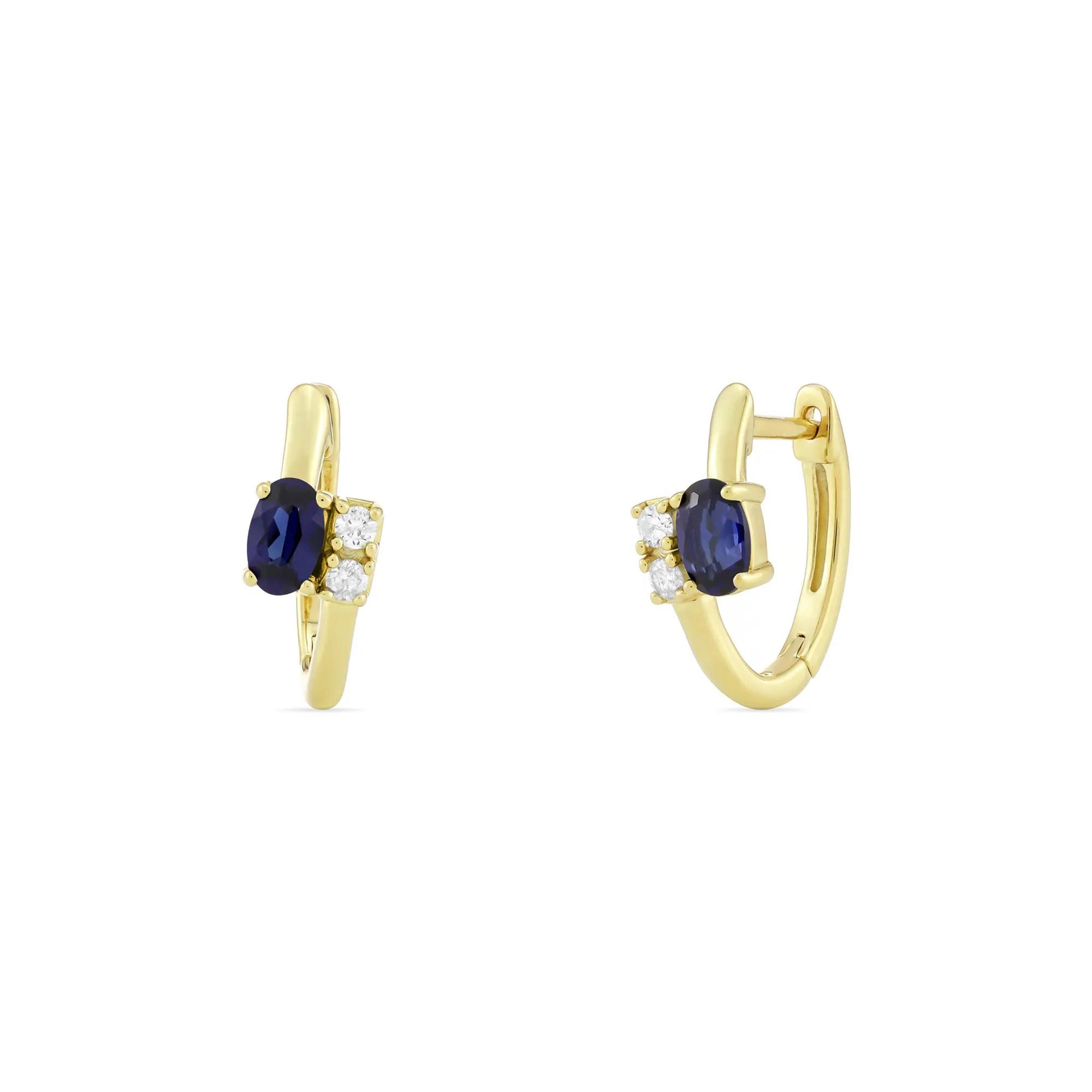 Lab-Created Blue Sapphire and Diamond Accent Huggie Hoop Earrings 10K Yellow Gold Size 14.00mm