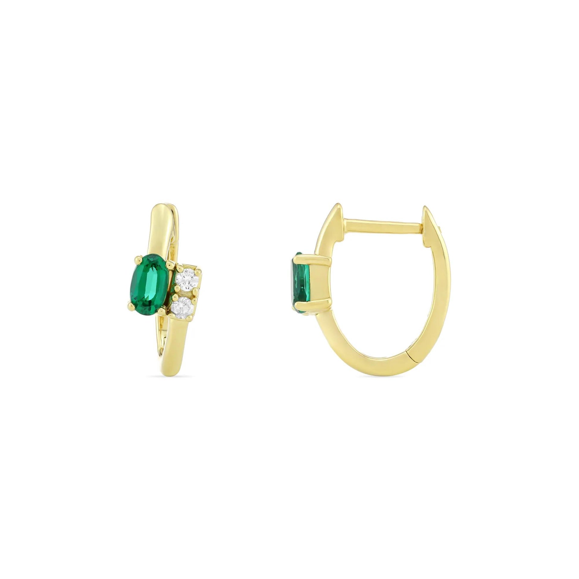 Lab-Created Emerald and Diamond Accent Huggie Hoops 10K Yellow Gold Ring Size 14.00mm
