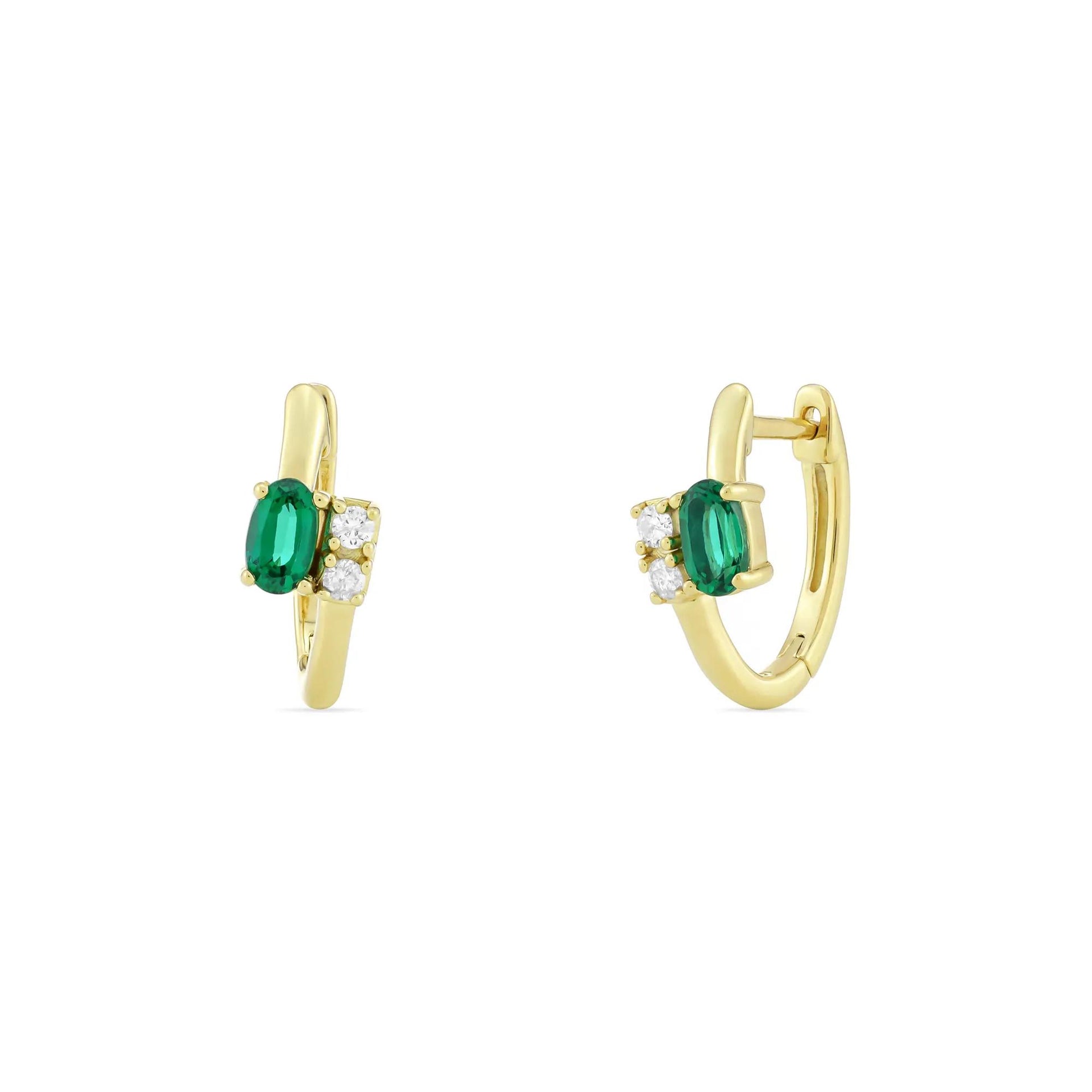 Lab-Created Emerald and Diamond Accent Huggie Hoops 10K Yellow Gold Ring Size 14.00mm