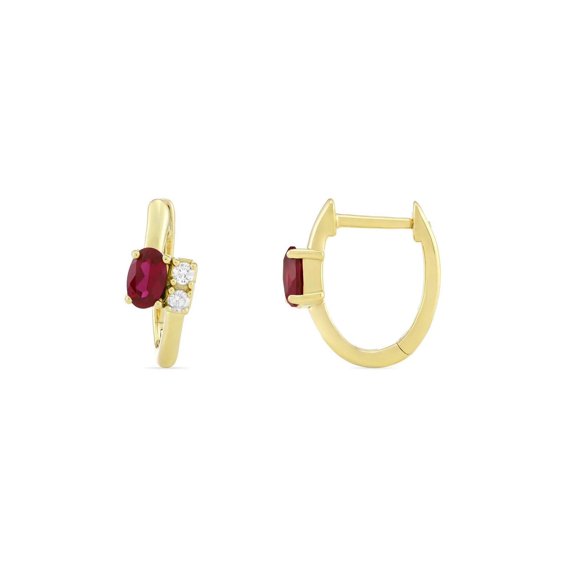 Lab-Created Ruby and Diamond Accent Huggie Hoop Earrings 10K Yellow Gold Size 14.00mm
