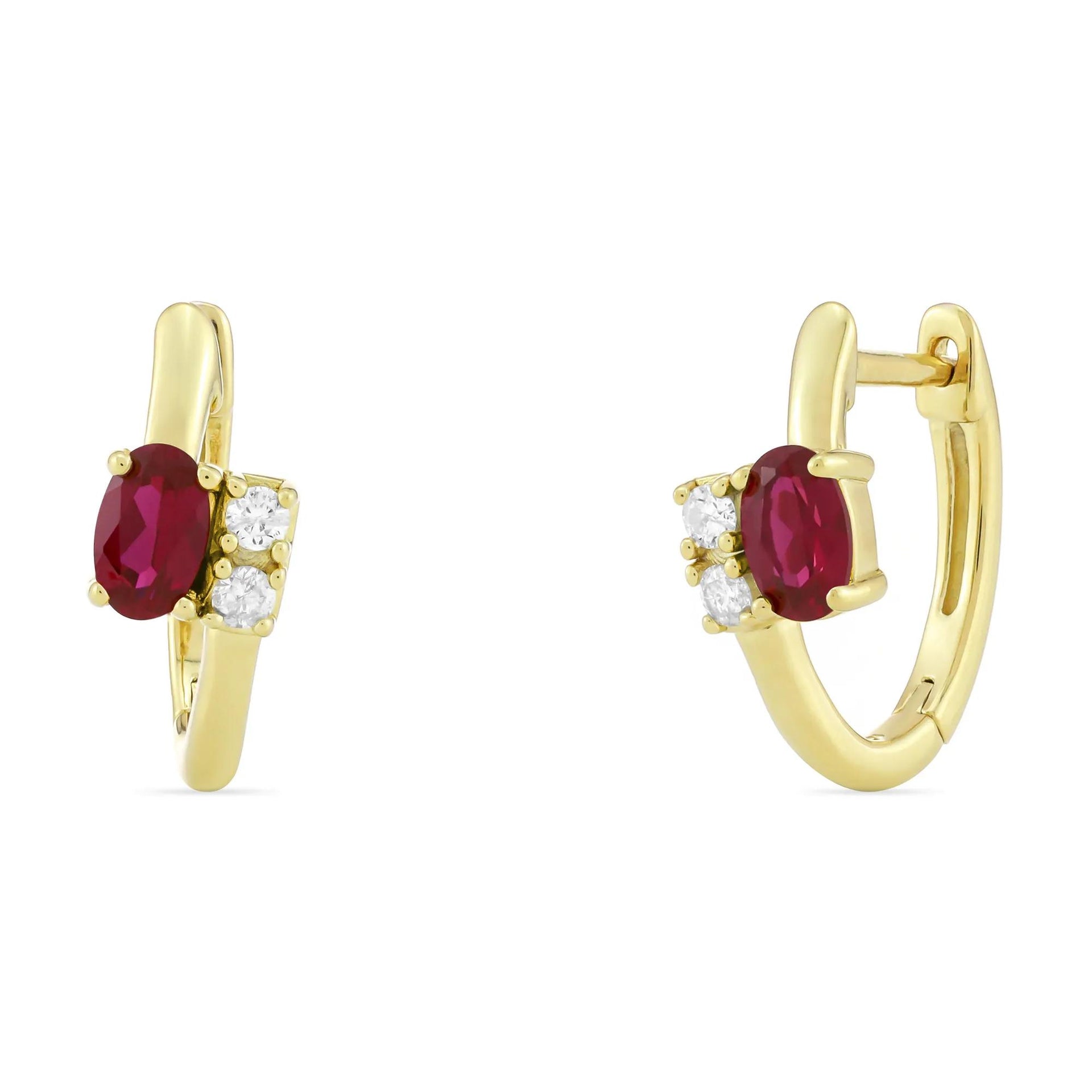 Lab-Created Ruby and Diamond Accent Huggie Hoop Earrings 10K Yellow Gold Size 14.00mm