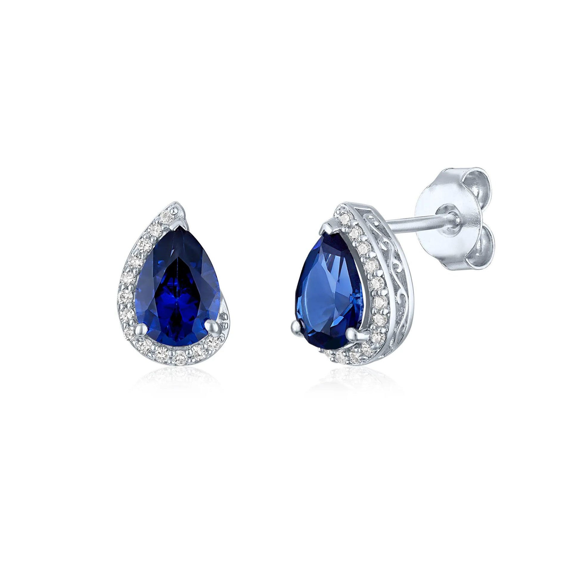 Lab-Created Blue Sapphire and Diamond Accent Pear-Shaped Half Halo Earrings .925 Sterling Silver White Size 9.50mm