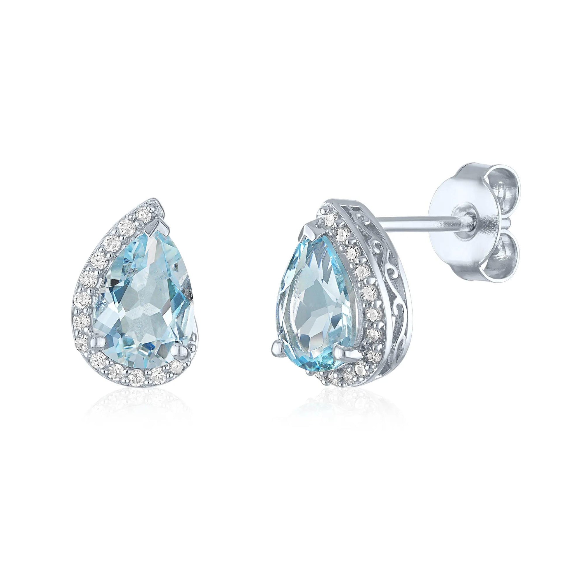 Aquamarine and Diamond Accent Pear-Shaped Half Halo Earrings .925 Sterling Silver White Size 8.50mm
