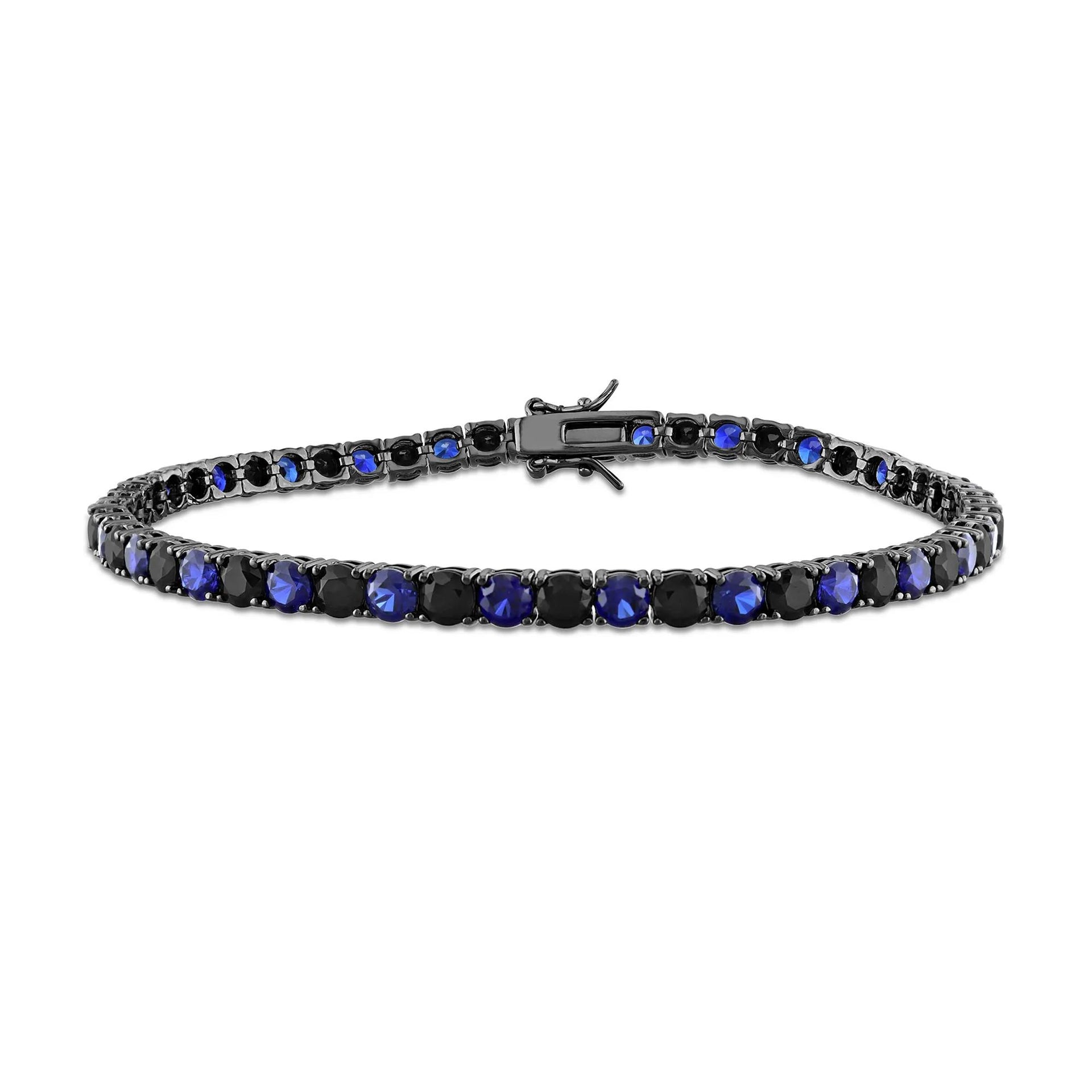 Lab-Created Black & Lab-Created Blue Sapphire Bracelet .925 Sterling Silver Size 4.00mm