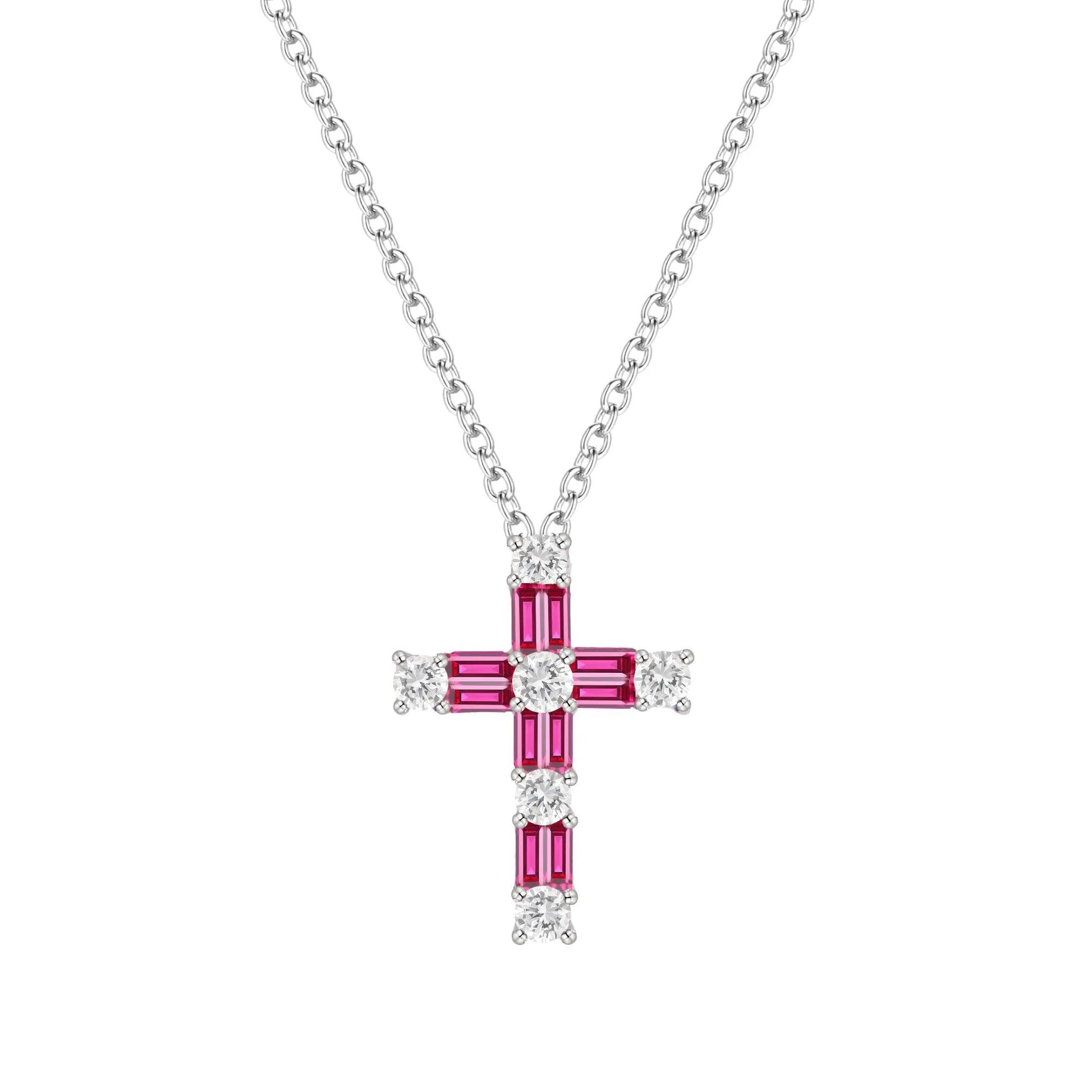 Lab-Created Ruby & Lab-Created White Sapphire Cross Pendant Necklace .925 Sterling Silver Size 18"