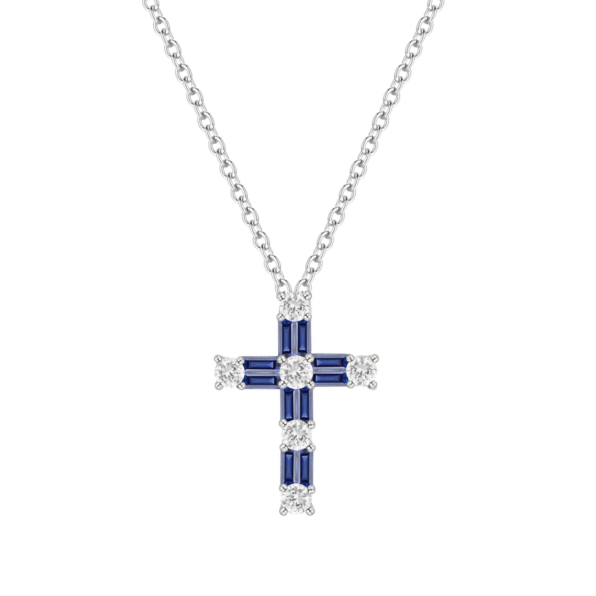 Lab-Created Blue Sapphire & Lab-Created White Sapphire Cross Pendant Necklace .925 Sterling Silver Size 18"