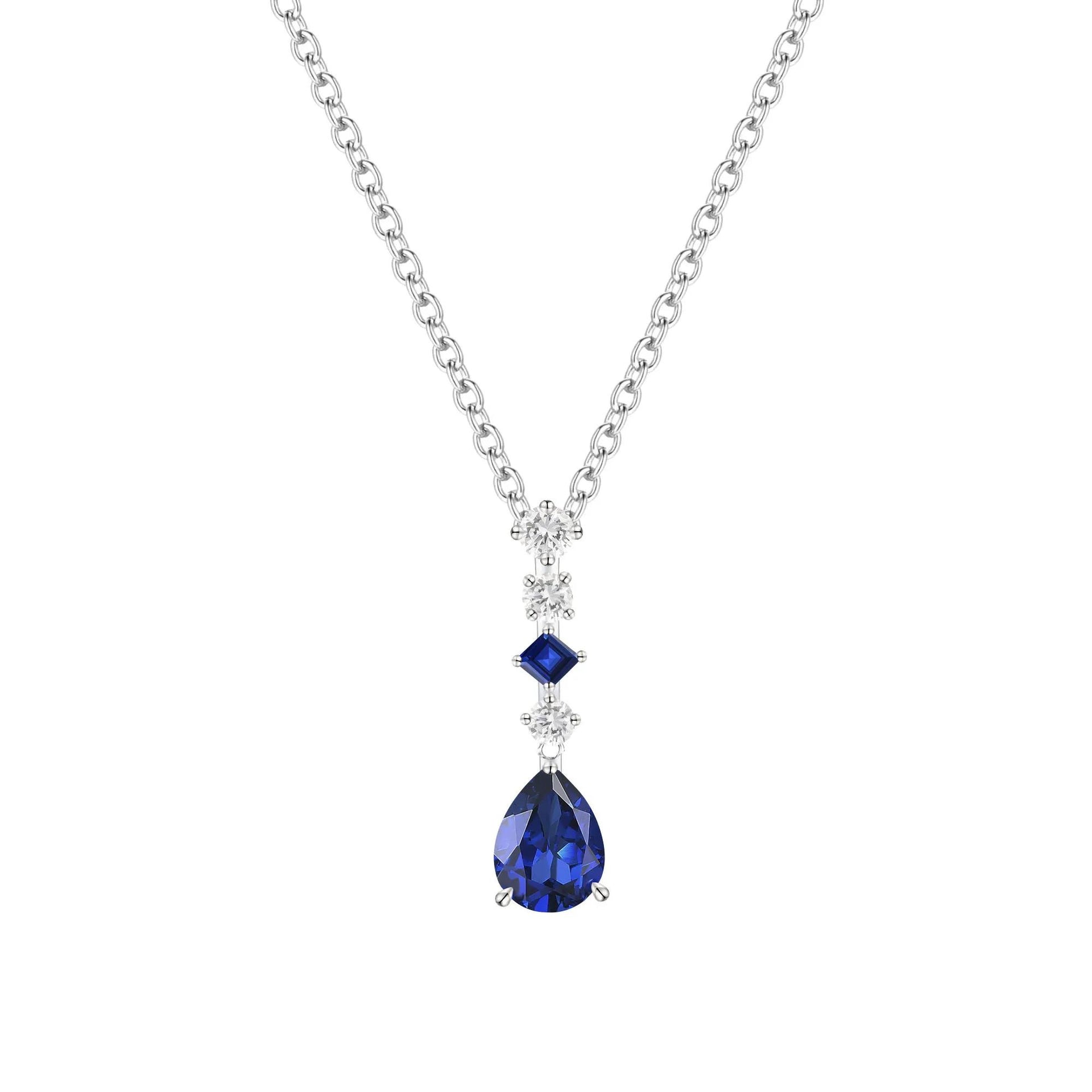 Lab-Created Blue Sapphire & Lab-Created White Sapphire Drop Pendant Necklace .925 Sterling Silver Size 18"