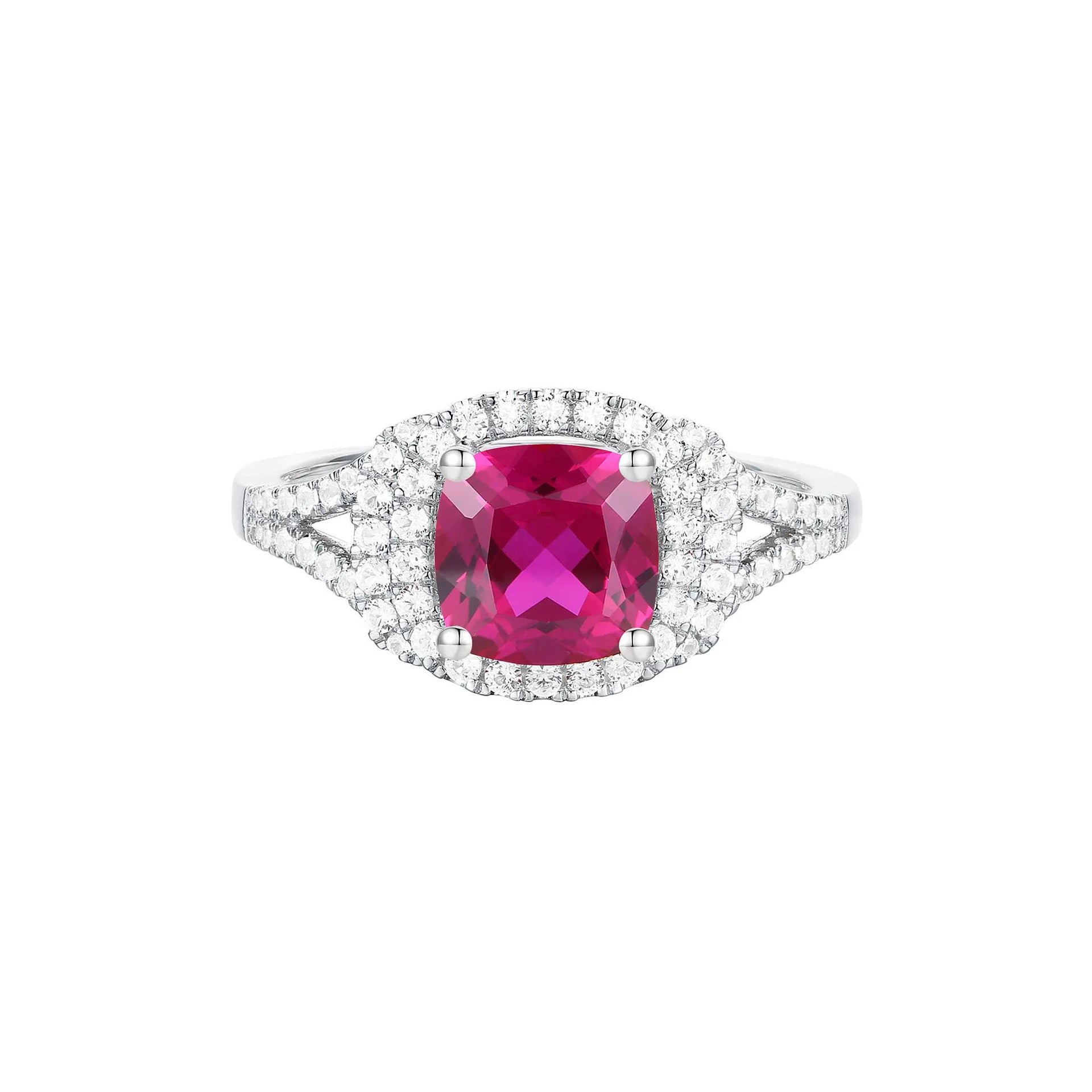Lab-Created Ruby and Lab-Created White Sapphire Halo Ring .925 Sterling Silver Size 7.5 1mm