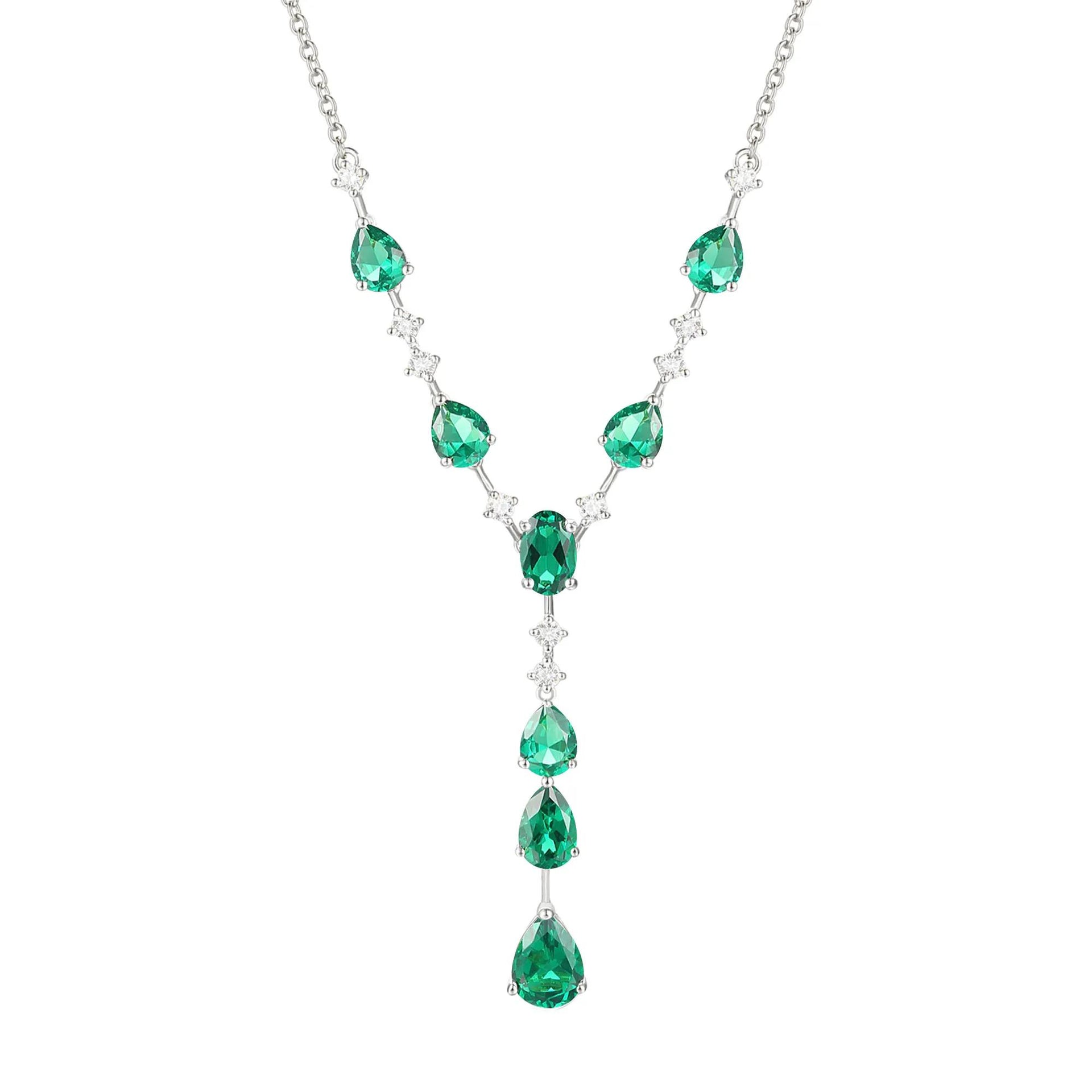 Lab-Created Emerald & Lab-Created White Sapphire Y-Neck Pendant Necklace .925 Sterling Silver Size 18"