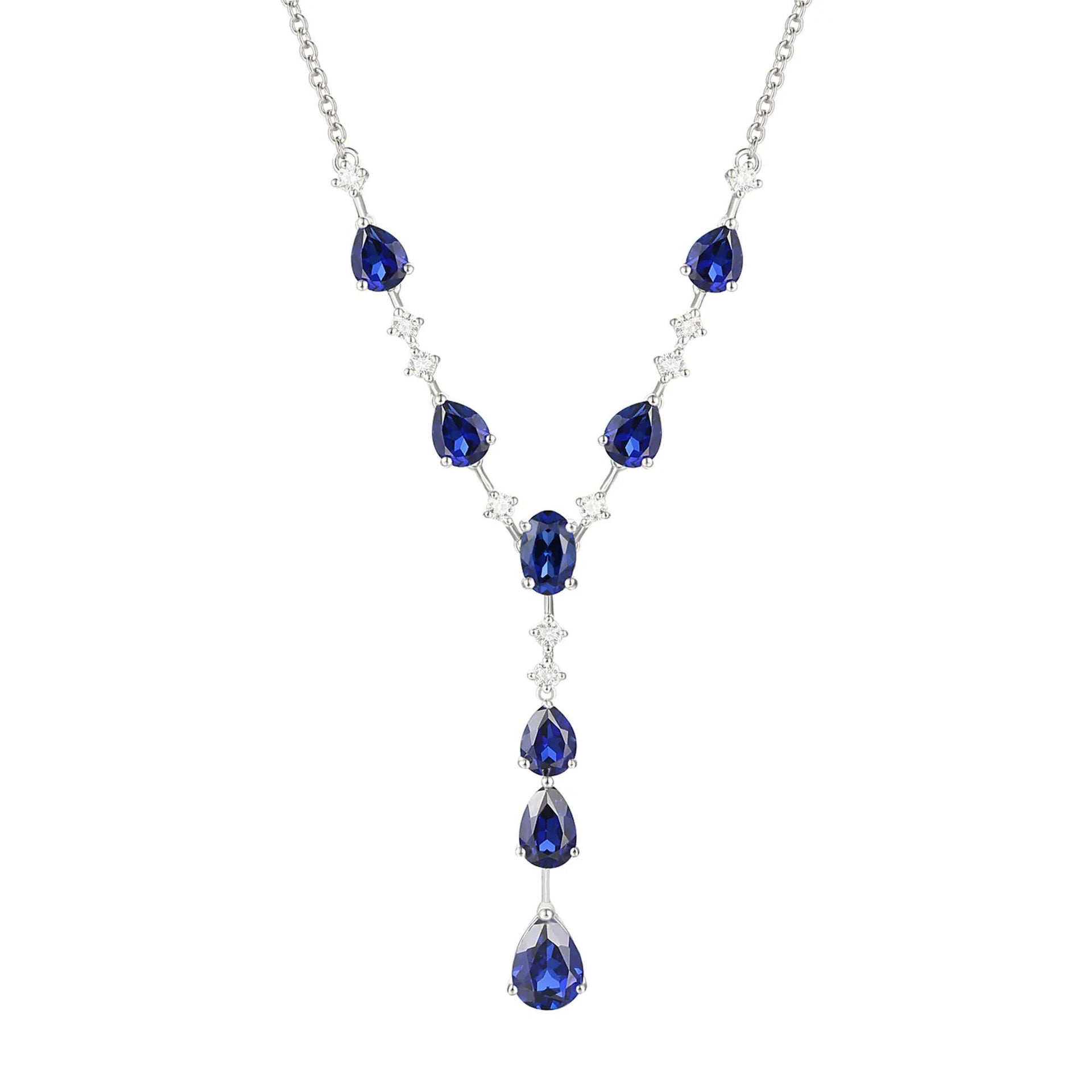 Lab-Created Blue Sapphire & Lab-Created White Sapphire Y-Neck Pendant Necklace .925 Sterling Silver Size 18"