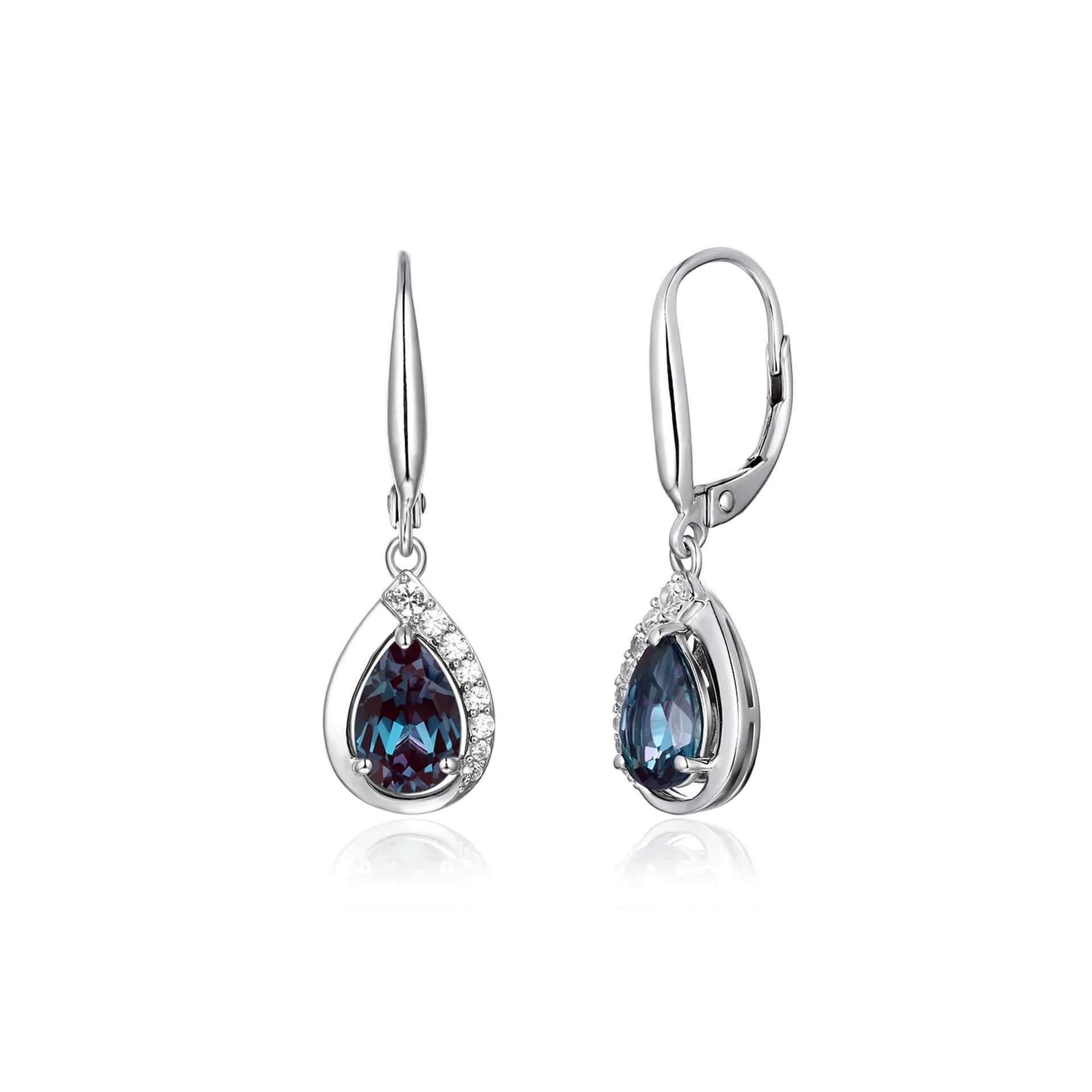 Lab Created Alexandrite & Sapphire Drop Earrings .925 Sterling Silver White Size 31.00mm