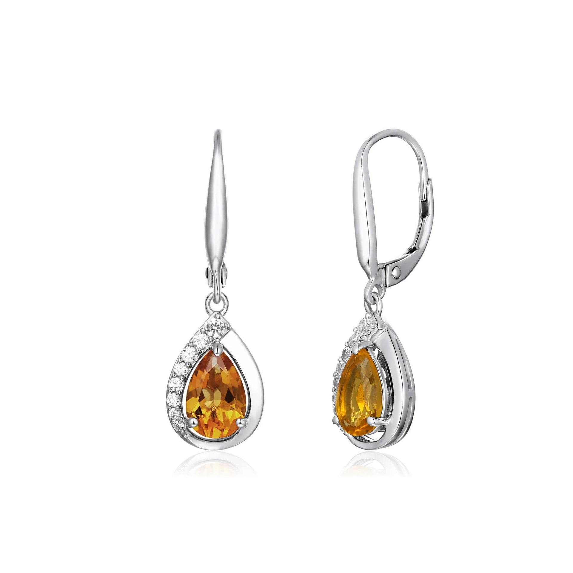 Lab-Created Citrine & Lab-Created White Sapphire Drop Earrings .925 Sterling Silver Size 31.00mm