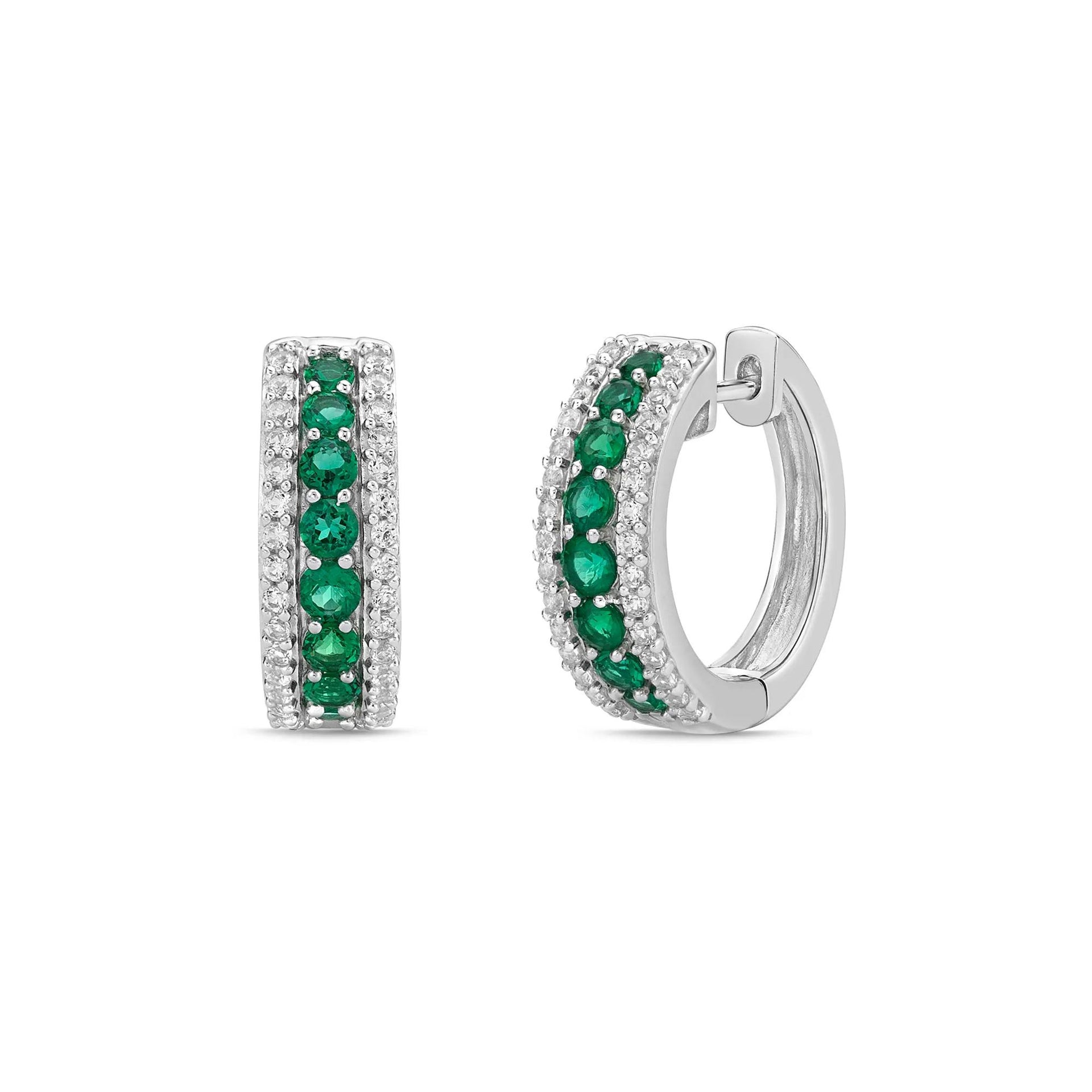 Lab-Created Emerald and Lab-Created White Sapphire Graduated Hoop Earrings .925 Sterling Silver Size 19.50mm