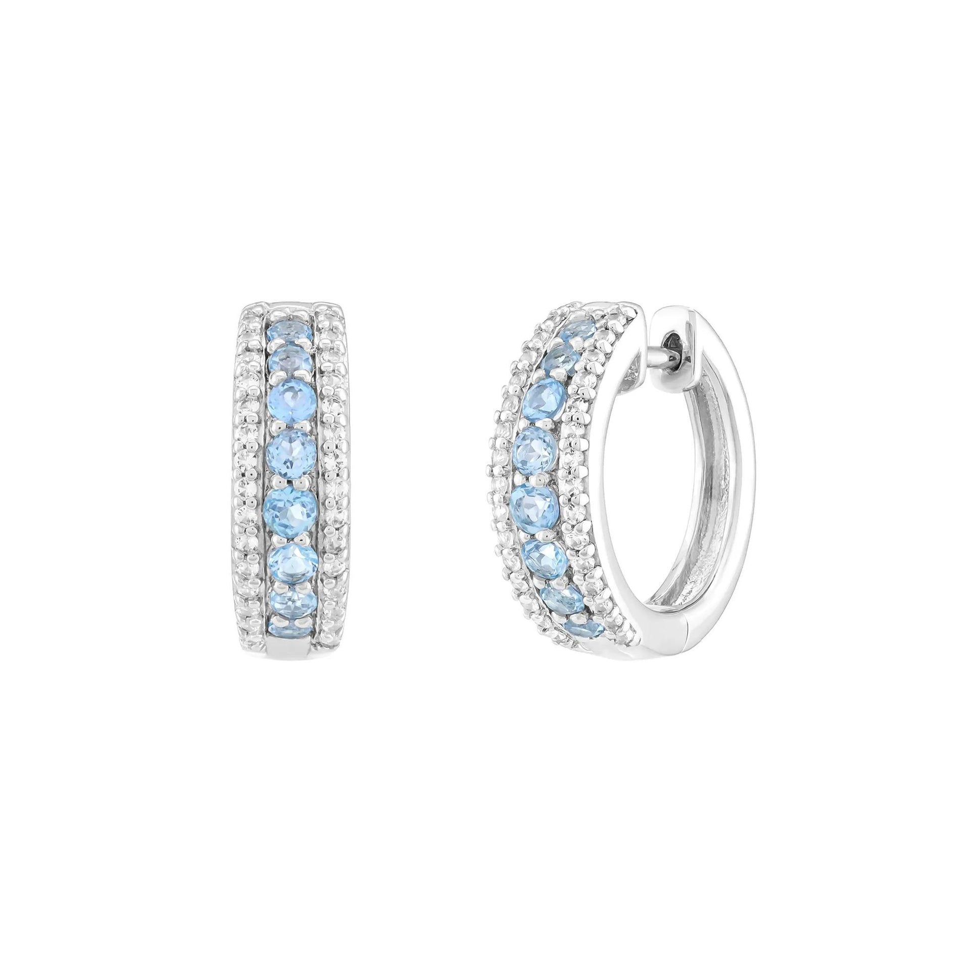 Blue Topaz and Lab-Created White Sapphire Graduated Hoop Earrings .925 Sterling Silver Size 19.50mm