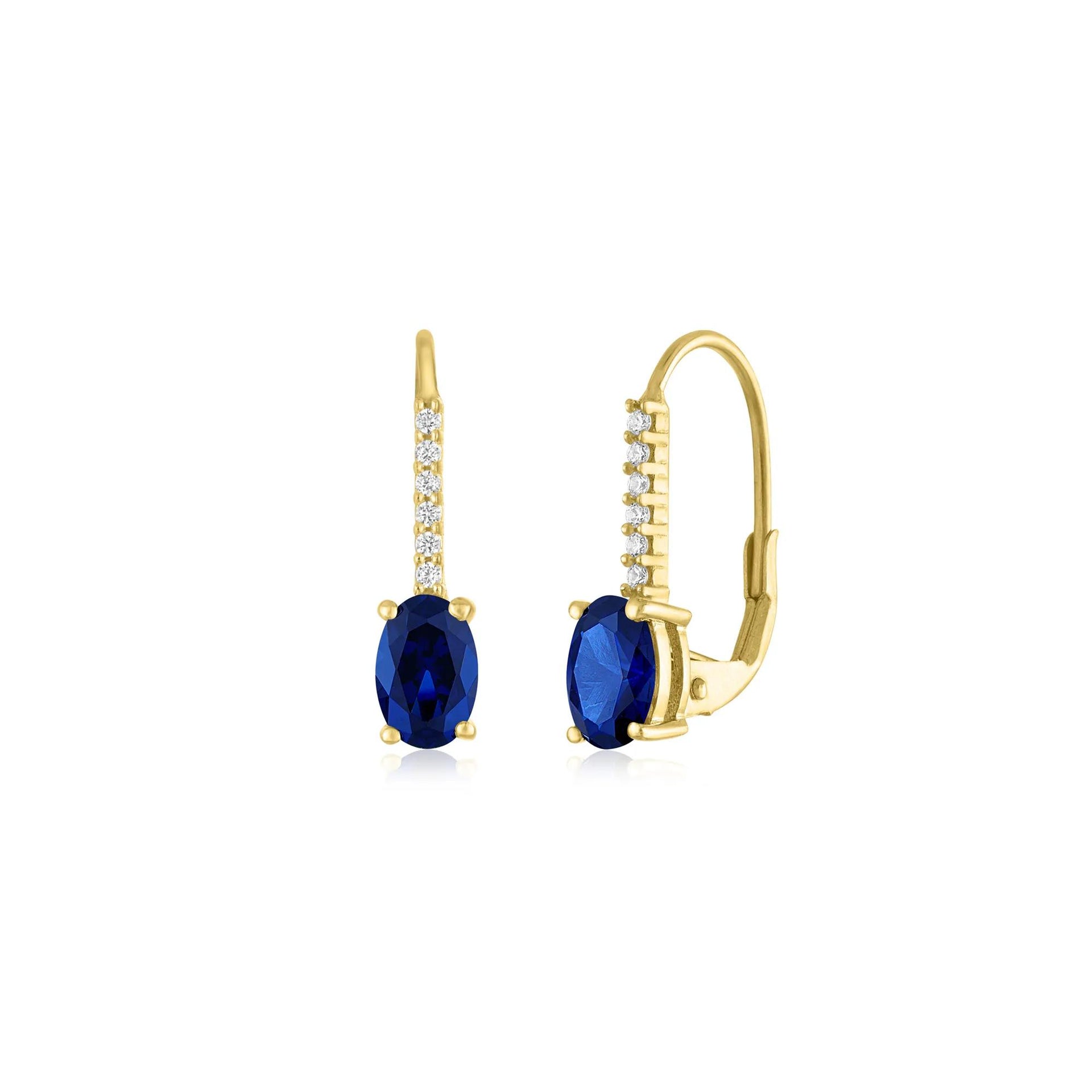 Lab-Created Blue Sapphire Oval and Diamond Accent Drop Earrings 10K Yellow Gold Size 19.00mm