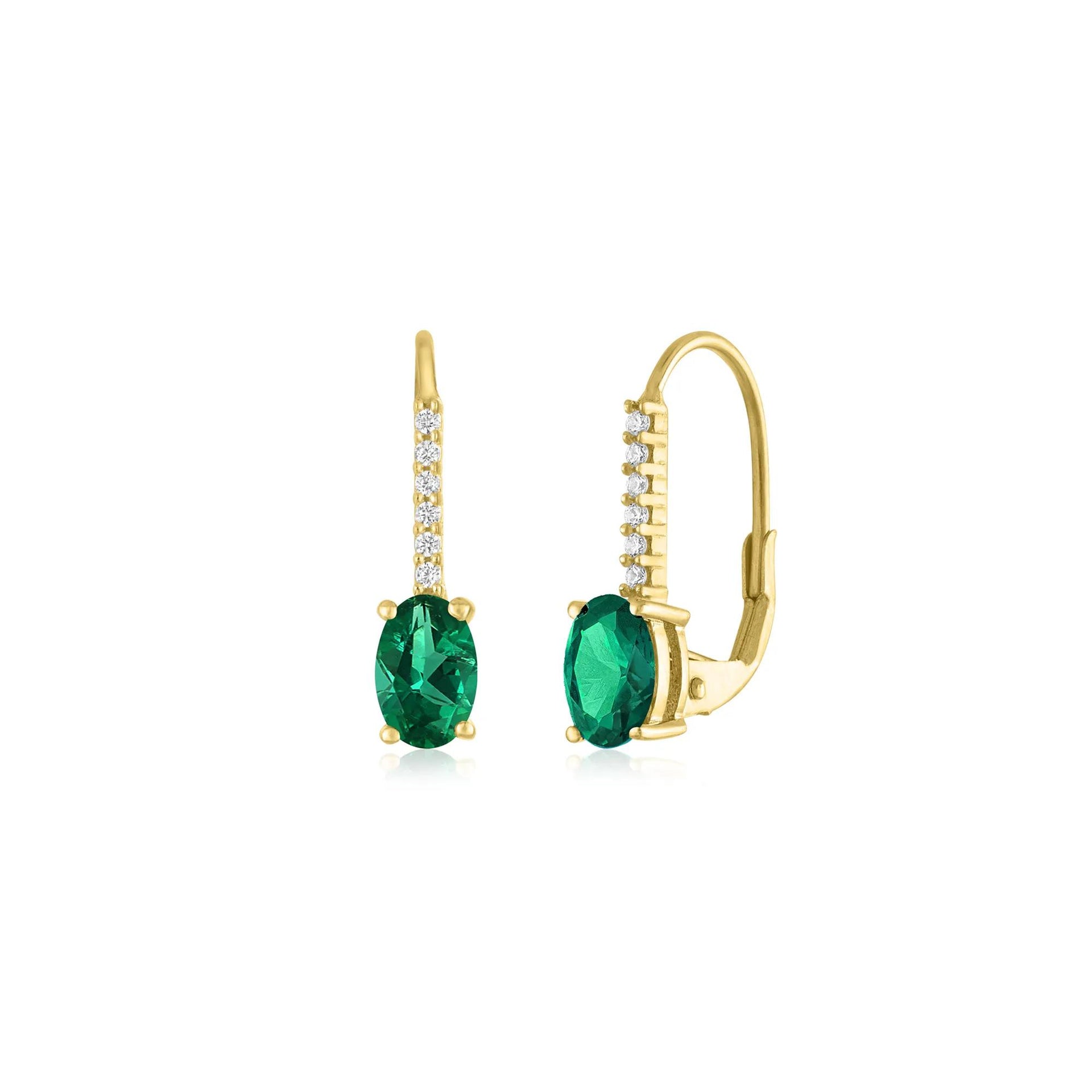 Lab-Created Emerald Oval and Diamond Accent Drop Earrings 10K Yellow Gold Size 19.00mm