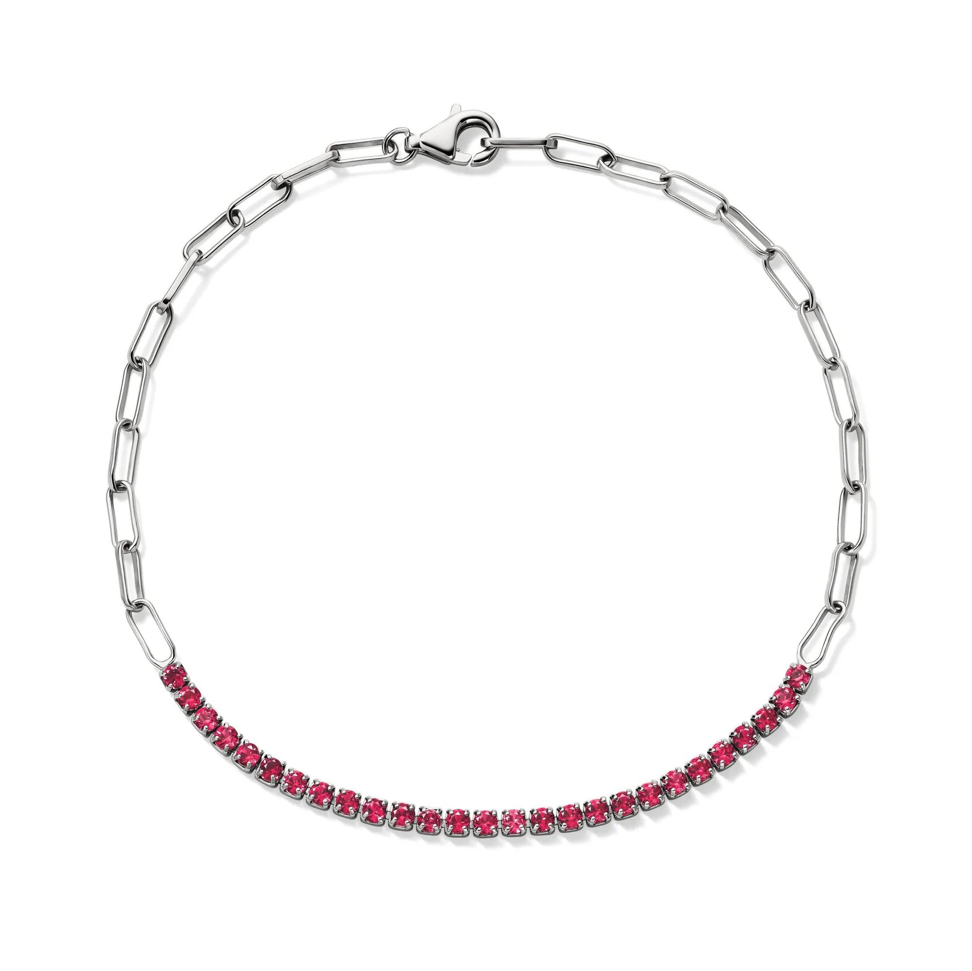 Lab-Created Ruby Paperclip Bracelet .925 Sterling Silver White Size 100.00mm