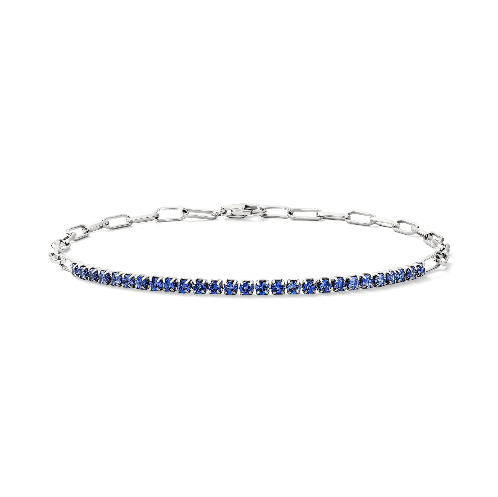 Lab-Created Blue Sapphire Paperclip Bracelet .925 Sterling Silver White Size 100.00mm