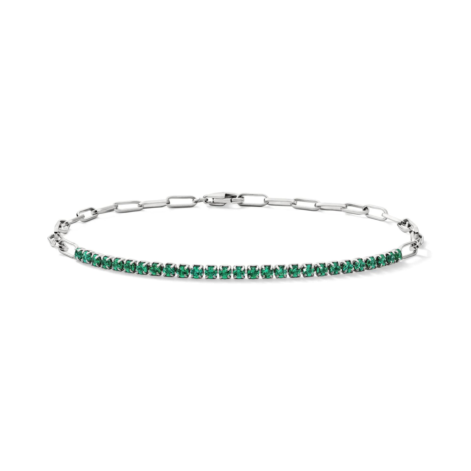 Lab-Created Emerald Paperclip Bracelet .925 Sterling Silver White Size 100.00mm