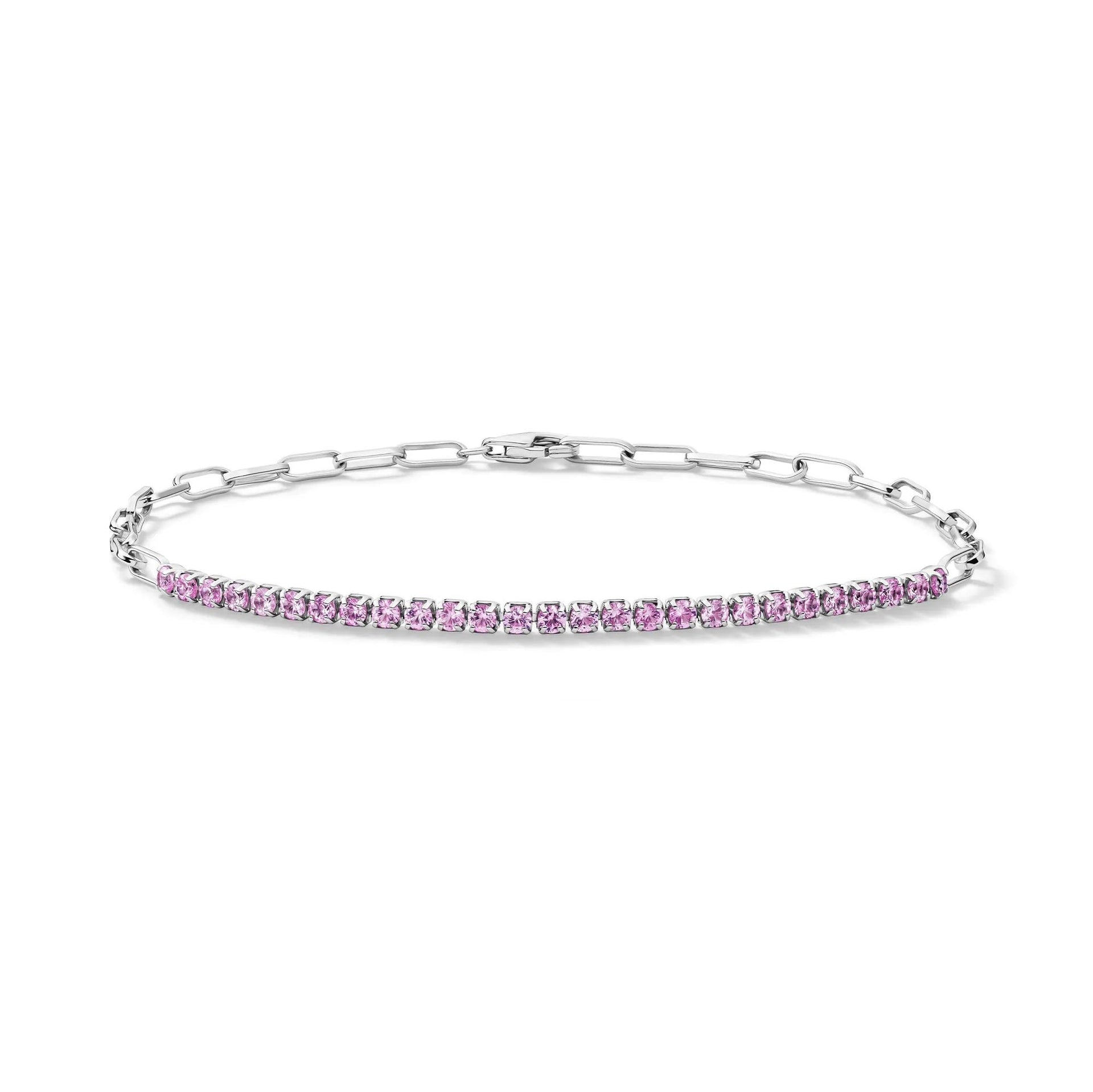 Lab-Created Pink Sapphire Paperclip Bracelet .925 Sterling Silver White Size 100.00mm