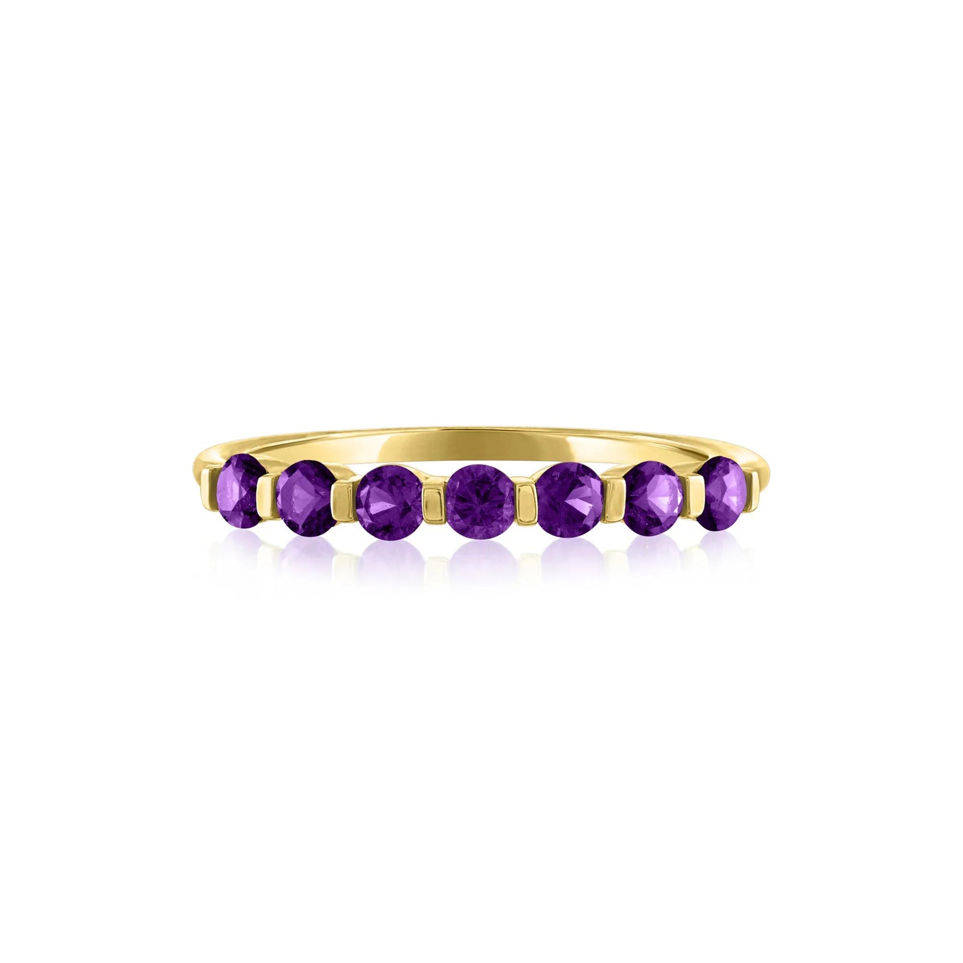 Amethyst Shared-Prong Band Ring 10K Yellow Gold Round Brilliant Cut Size 6 1mm
