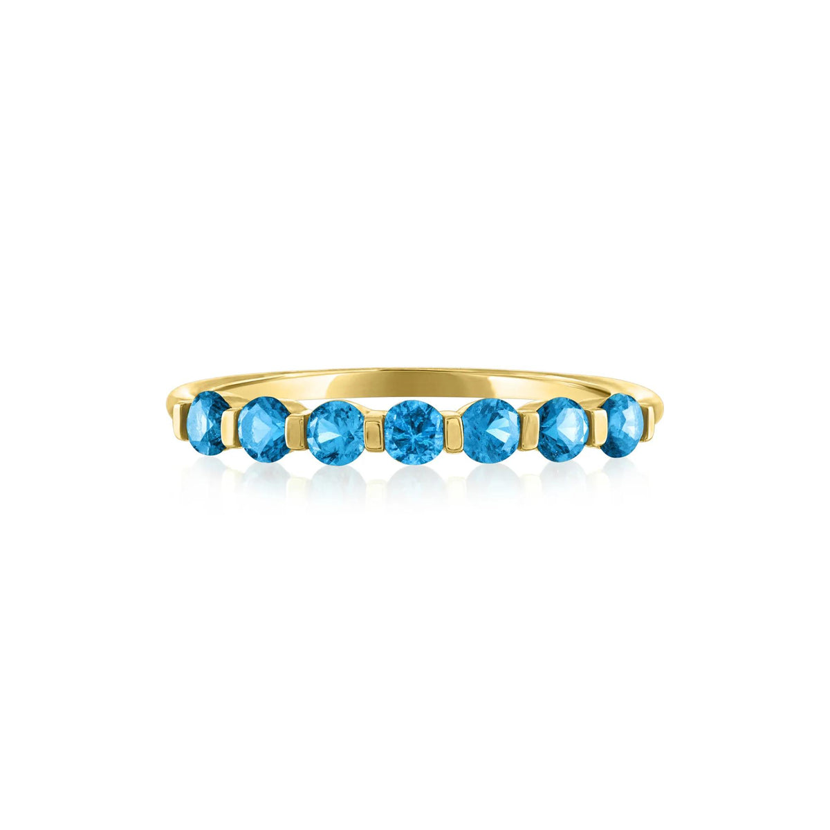 Blue Topaz Shared-Prong Band Ring 10K Yellow Gold Round Brilliant Cut Size 8.5 1mm