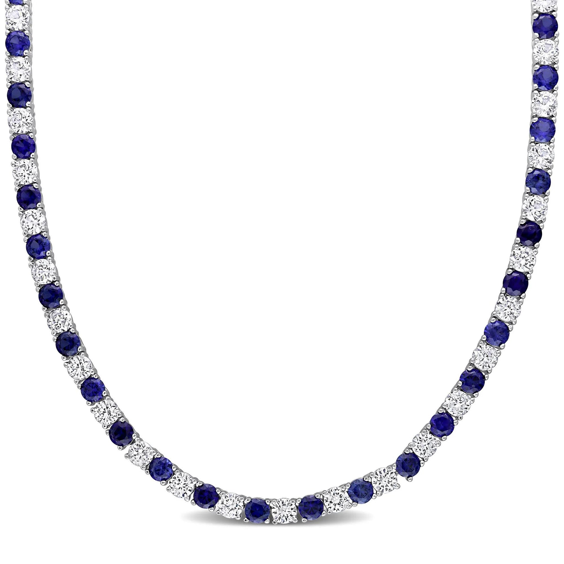 Lab Created Gemstone Tennis Necklace .925 Sterling Silver White Size 17"