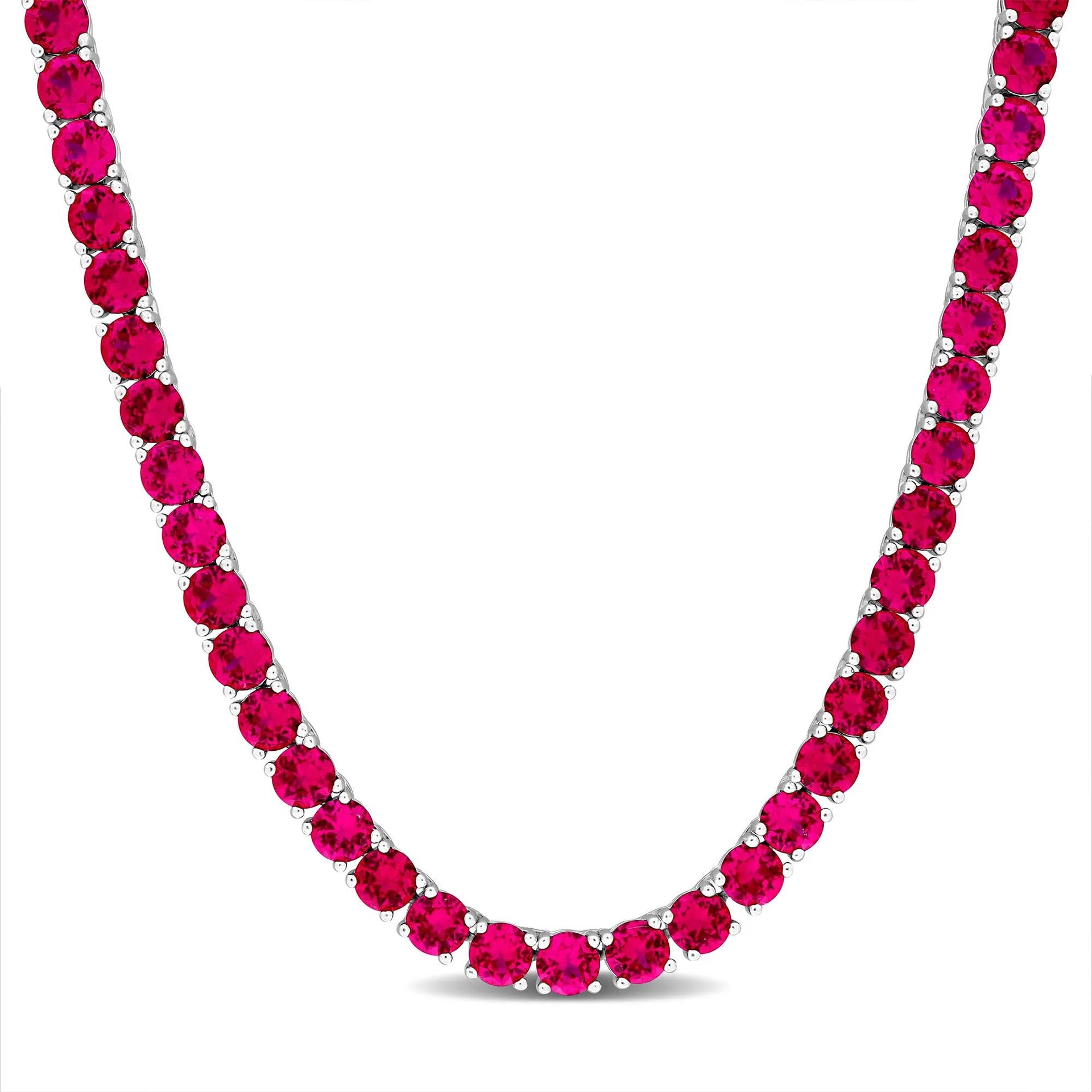 Ruby Tennis Necklace .925 Sterling Silver White Size 17"
