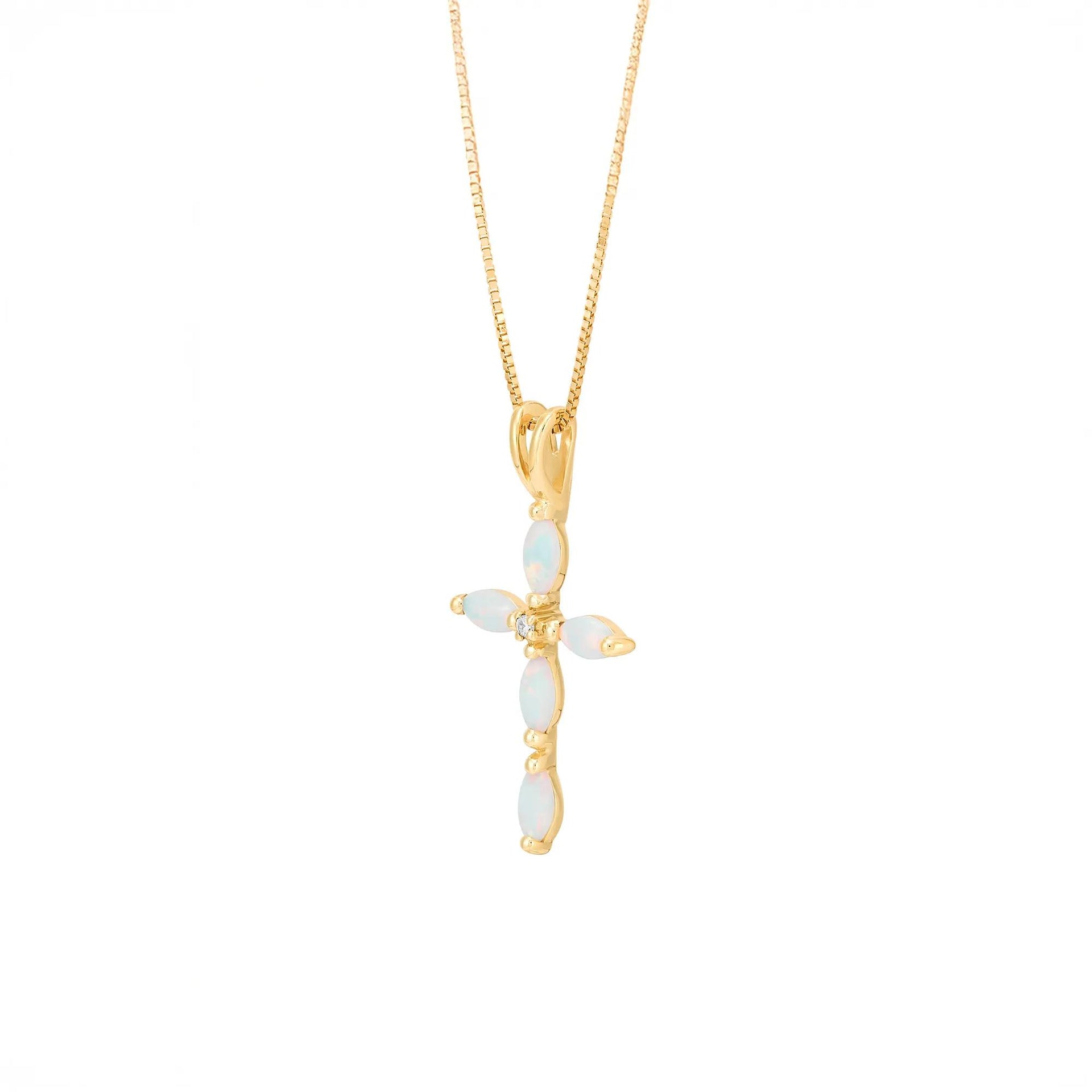 Lab-Created Marquise Opal Cross Pendant Necklace 10K Yellow Gold Size 18"