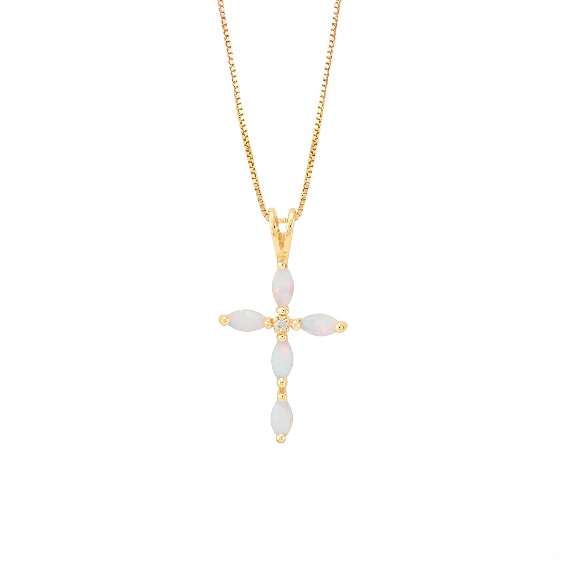 Lab-Created Marquise Opal Cross Pendant Necklace 10K Yellow Gold Size 18"