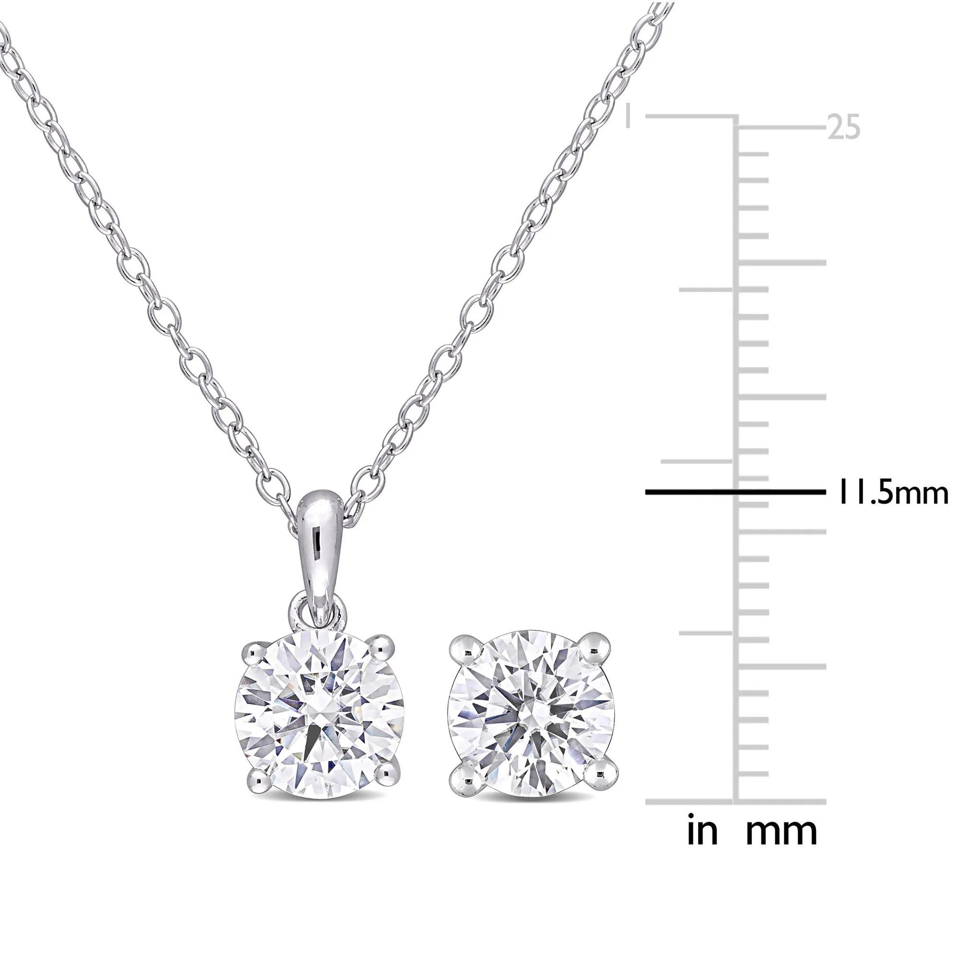 Lab-Created Moissanite Solitaire Pendant & Stud Earrings Set .925 Sterling Silver (3 CT. Dew) White Size 18"
