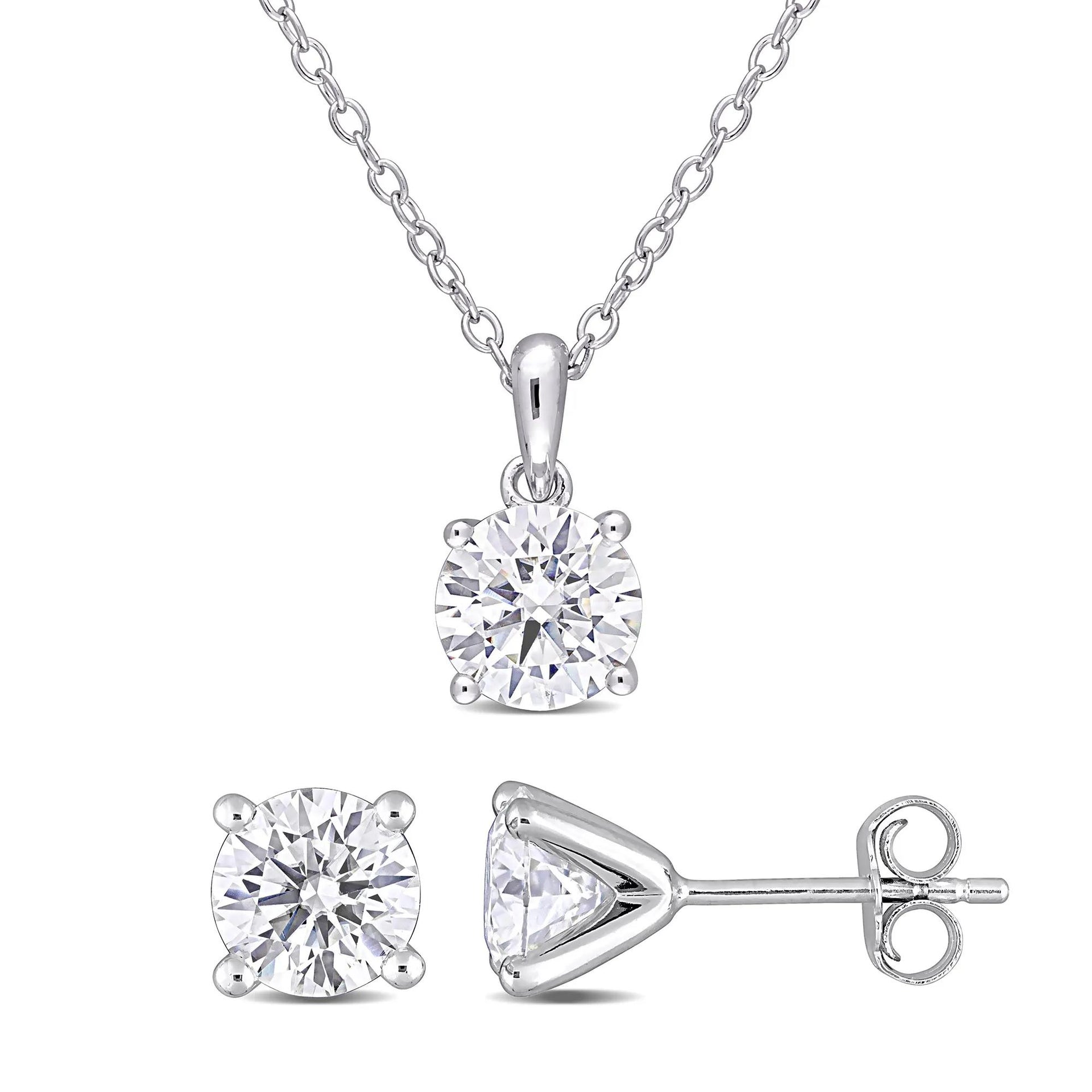 Lab-Created Moissanite Solitaire Pendant & Stud Earrings Set .925 Sterling Silver (3 CT. Dew) White Size 18"