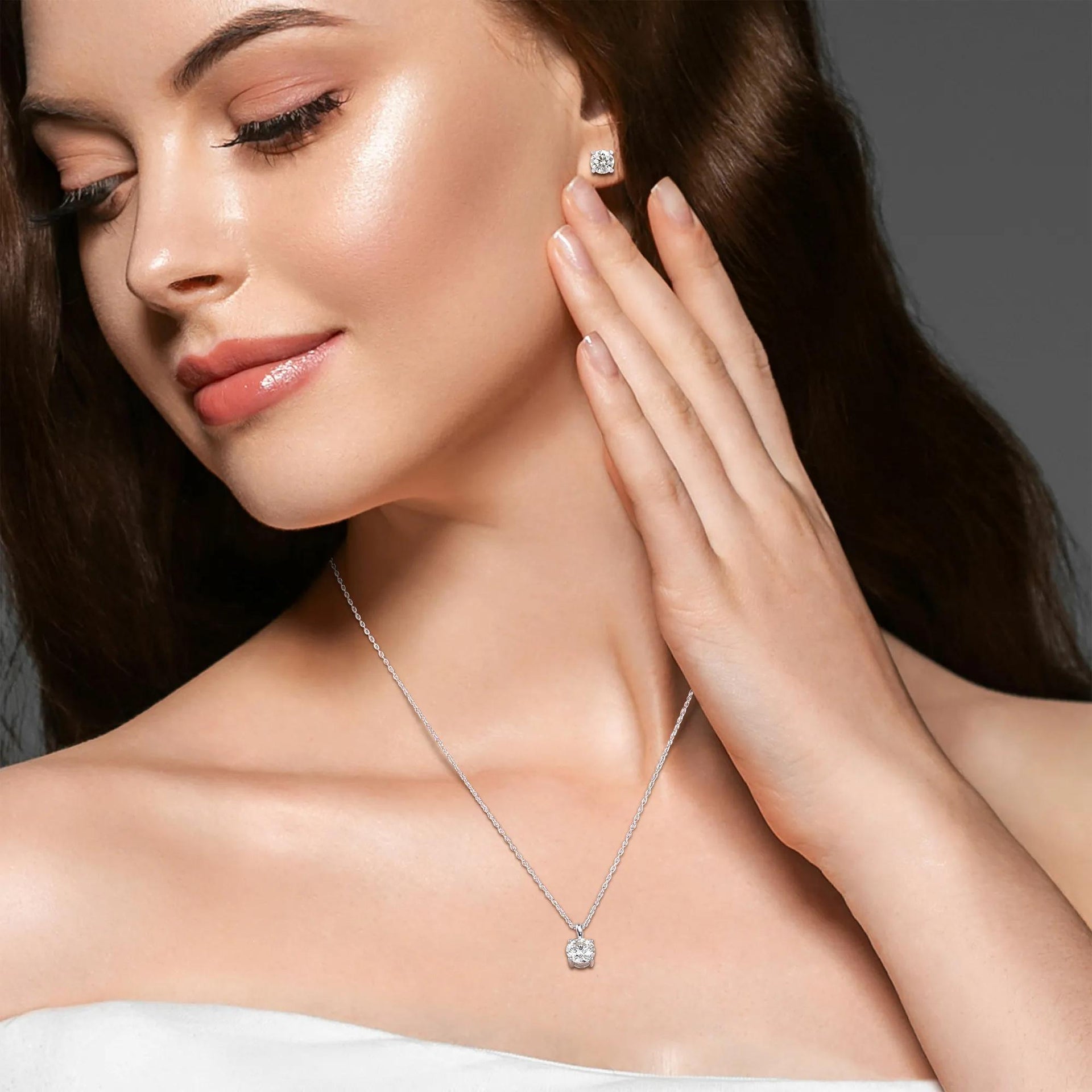Lab-Created Moissanite Stud Earrings & Pendant Set .925 Sterling Silver (2 CT. Dew) White Size 18"